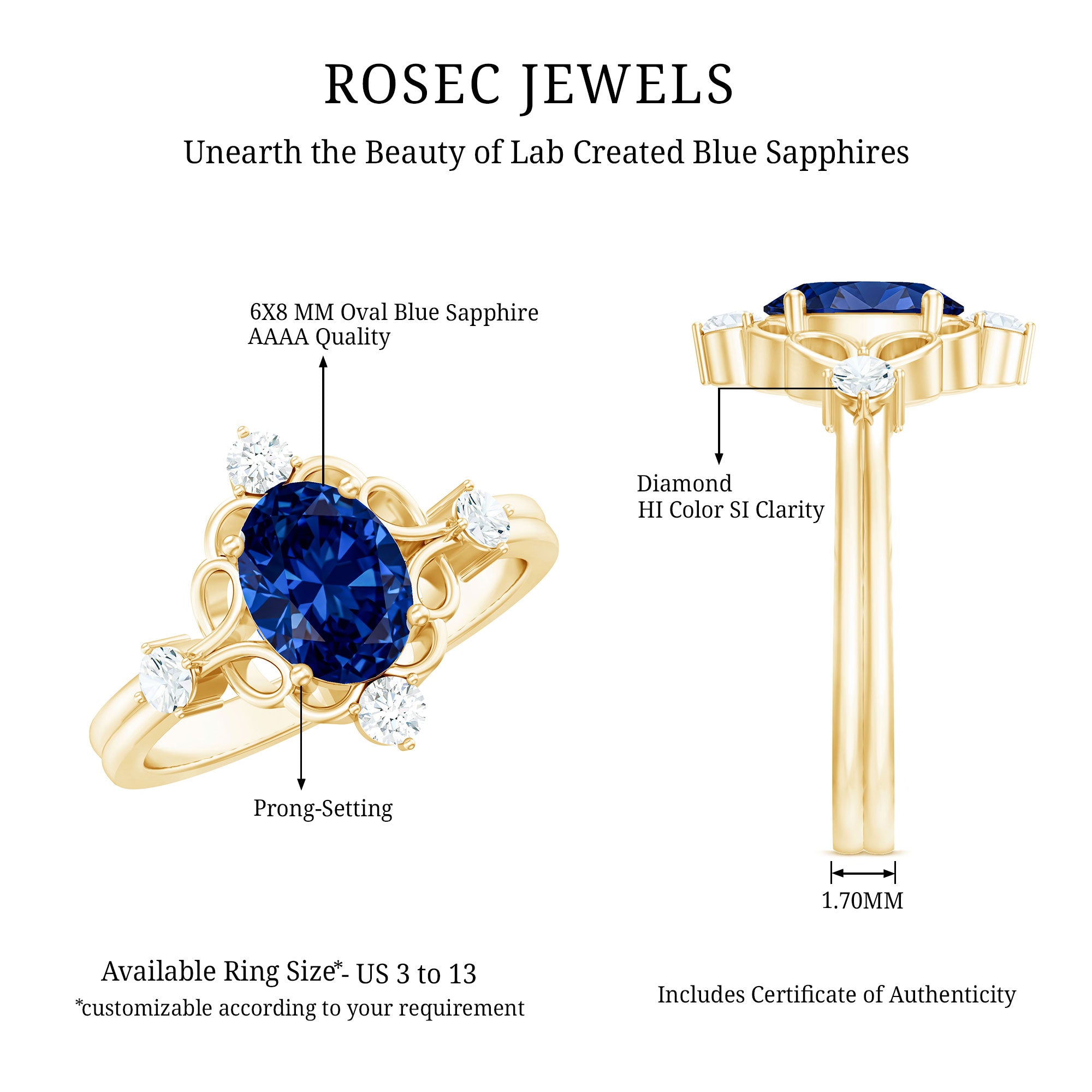 1.5 Carat Oval Cut Lab Grown Blue Sapphire Vintage Engagement Ring with Diamond AAAA - Rosec Jewels