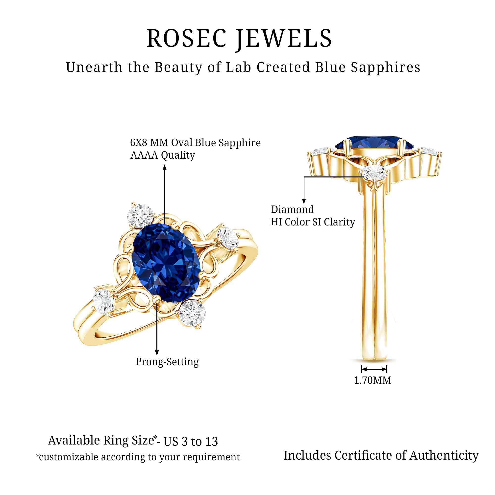 1.5 Carat Oval Cut Lab Grown Blue Sapphire Vintage Engagement Ring with Diamond AAAA - Rosec Jewels