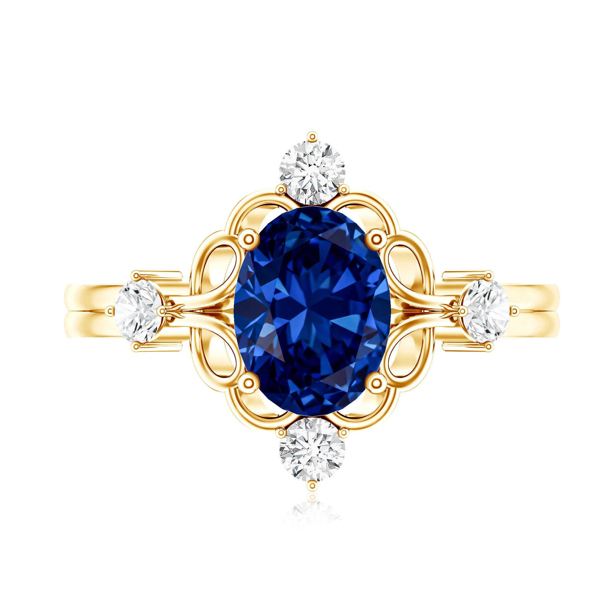 1.5 Carat Oval Cut Lab Grown Blue Sapphire Vintage Engagement Ring with Diamond AAAA - Rosec Jewels