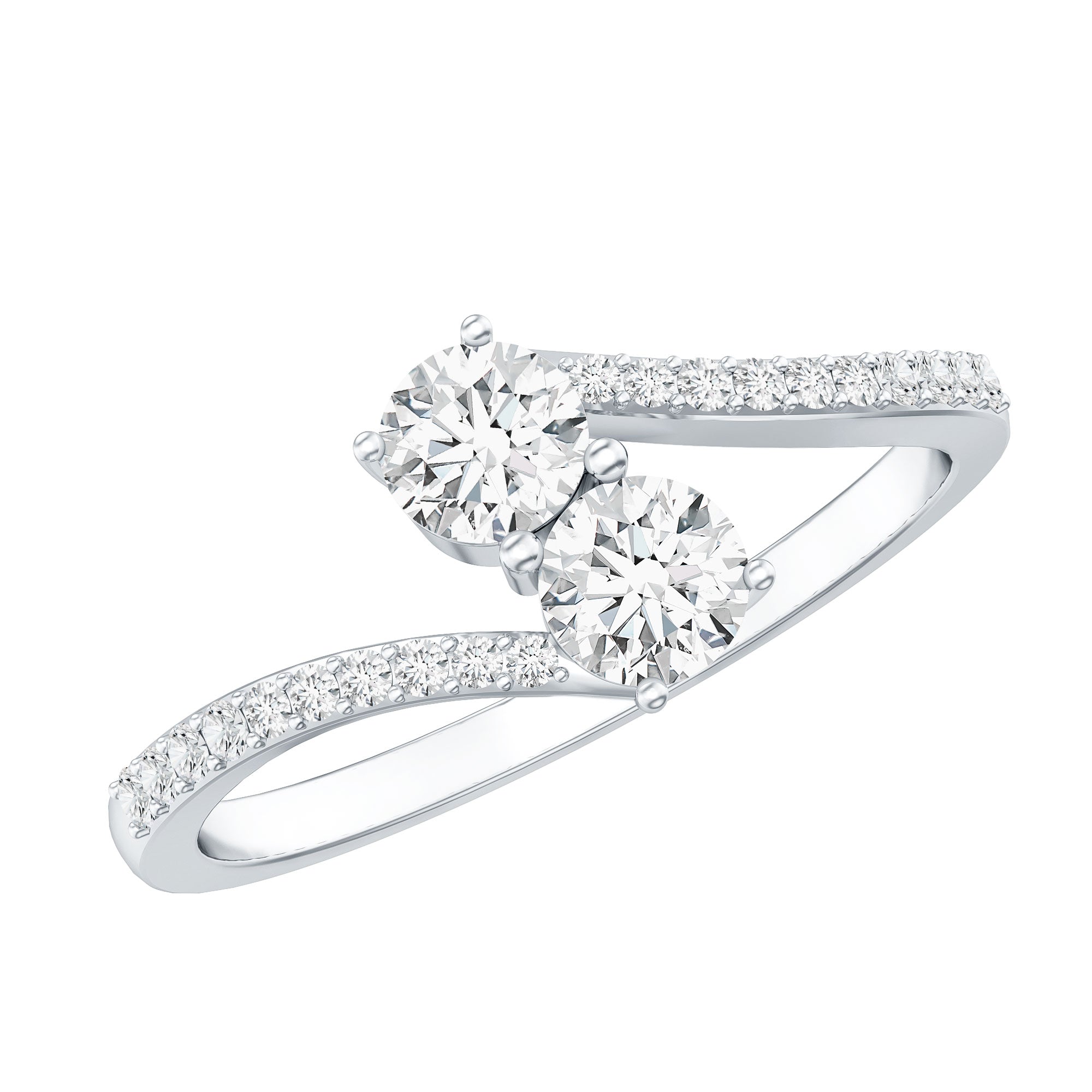 Certified Moissanite 2 Stone Promise Ring in Bypass Shank D-VS1 - Rosec Jewels