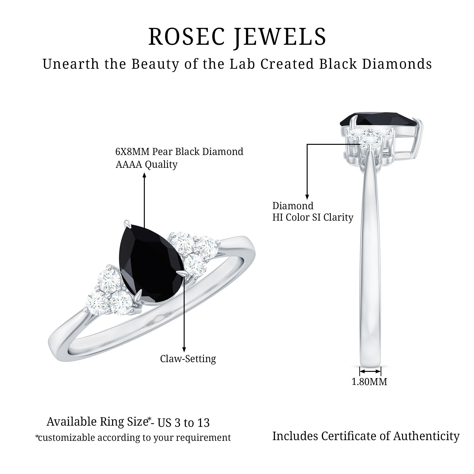 1 CT Pear Shaped Created Black Diamond Solitaire Ring with Diamond AAAA ( Synthetic ) - Rosec Jewels