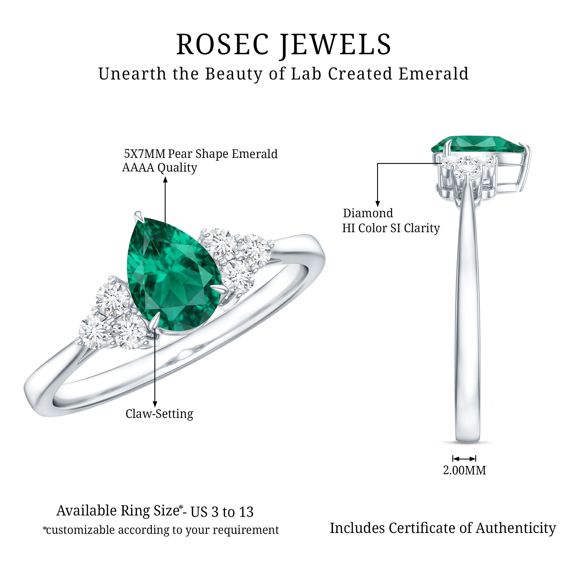 Certified Lab Grown Emerald Pear Shaped Engagement Ring with Diamond Trio AAAA - Rosec Jewels