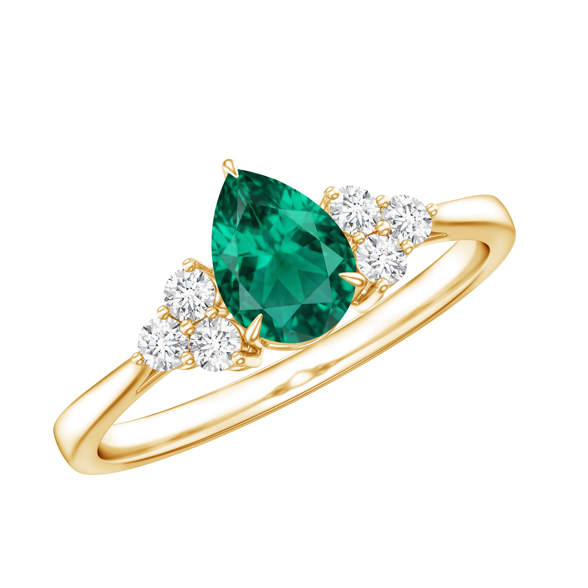 Certified Lab Grown Emerald Pear Shaped Engagement Ring with Diamond Trio AAAA - Rosec Jewels