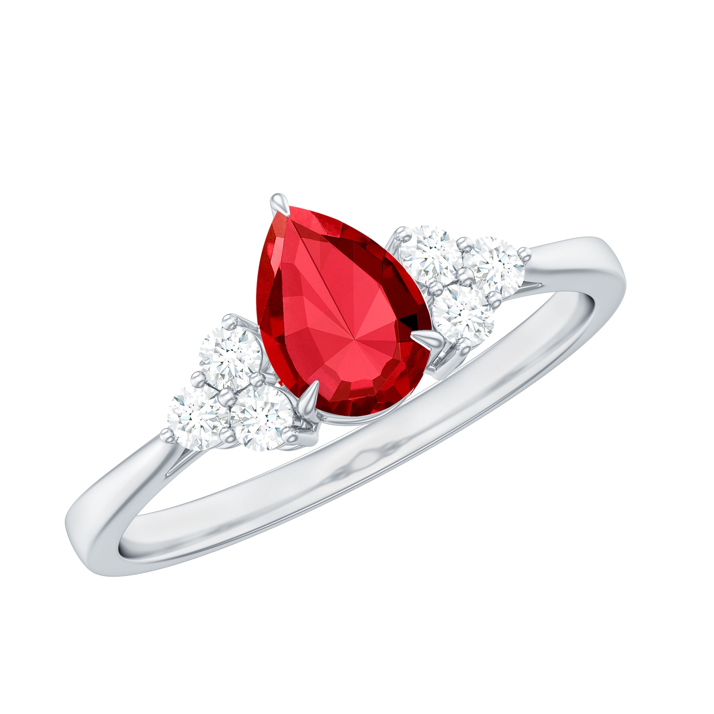Pear Shaped Lab Ruby Engagement Ring with Diamond Trio