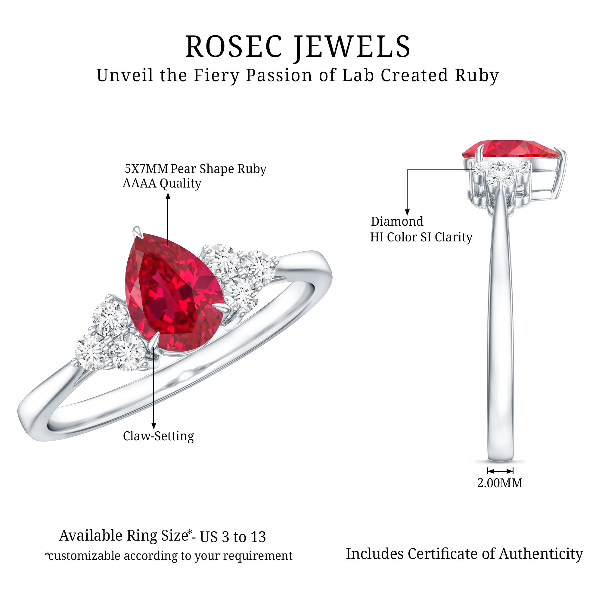 Rosec Jewels-Pear Shaped Lab Ruby Engagement Ring with Diamond Trio