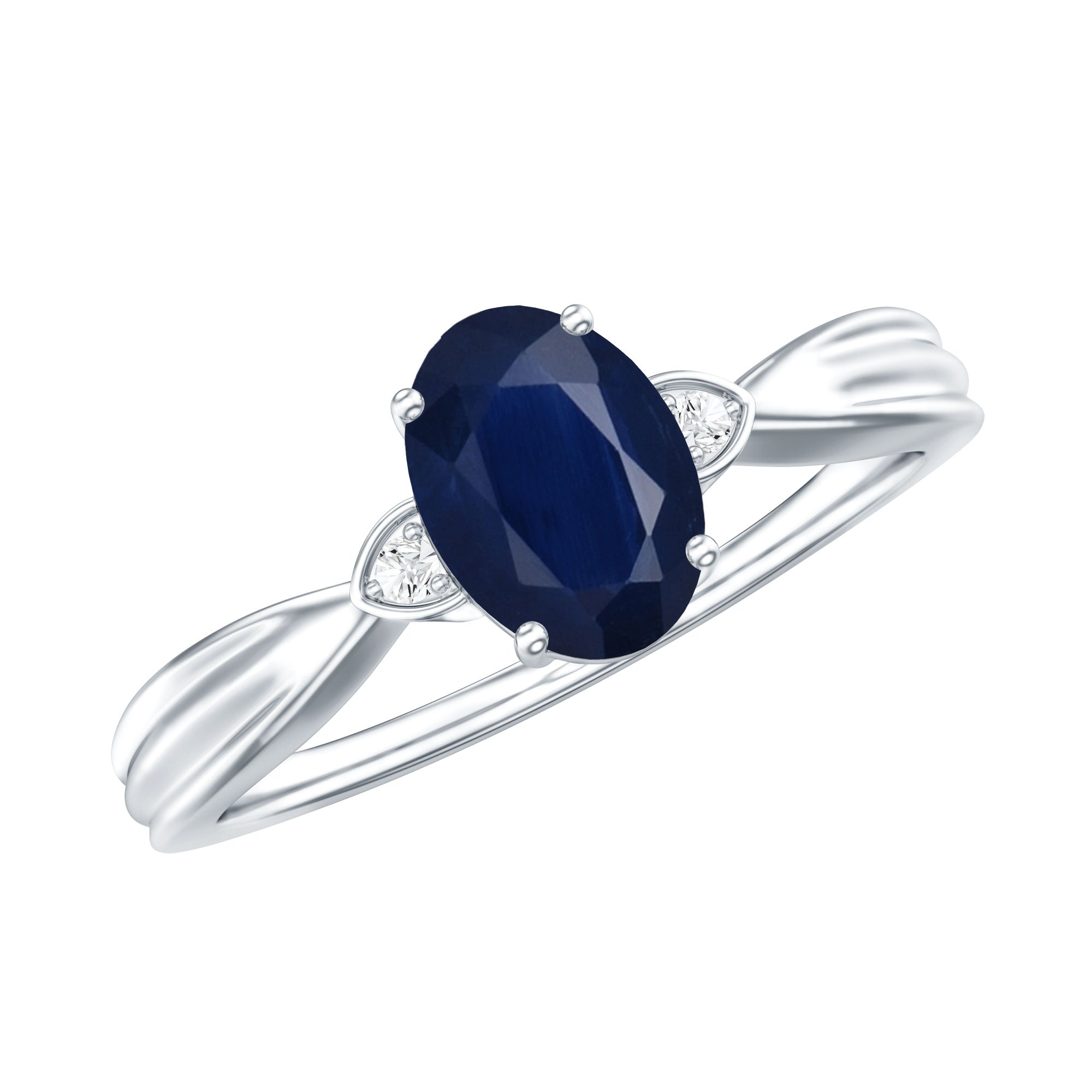 Oval Shape Real Blue Sapphire Solitaire Ring with Diamond AAA - Rosec Jewels