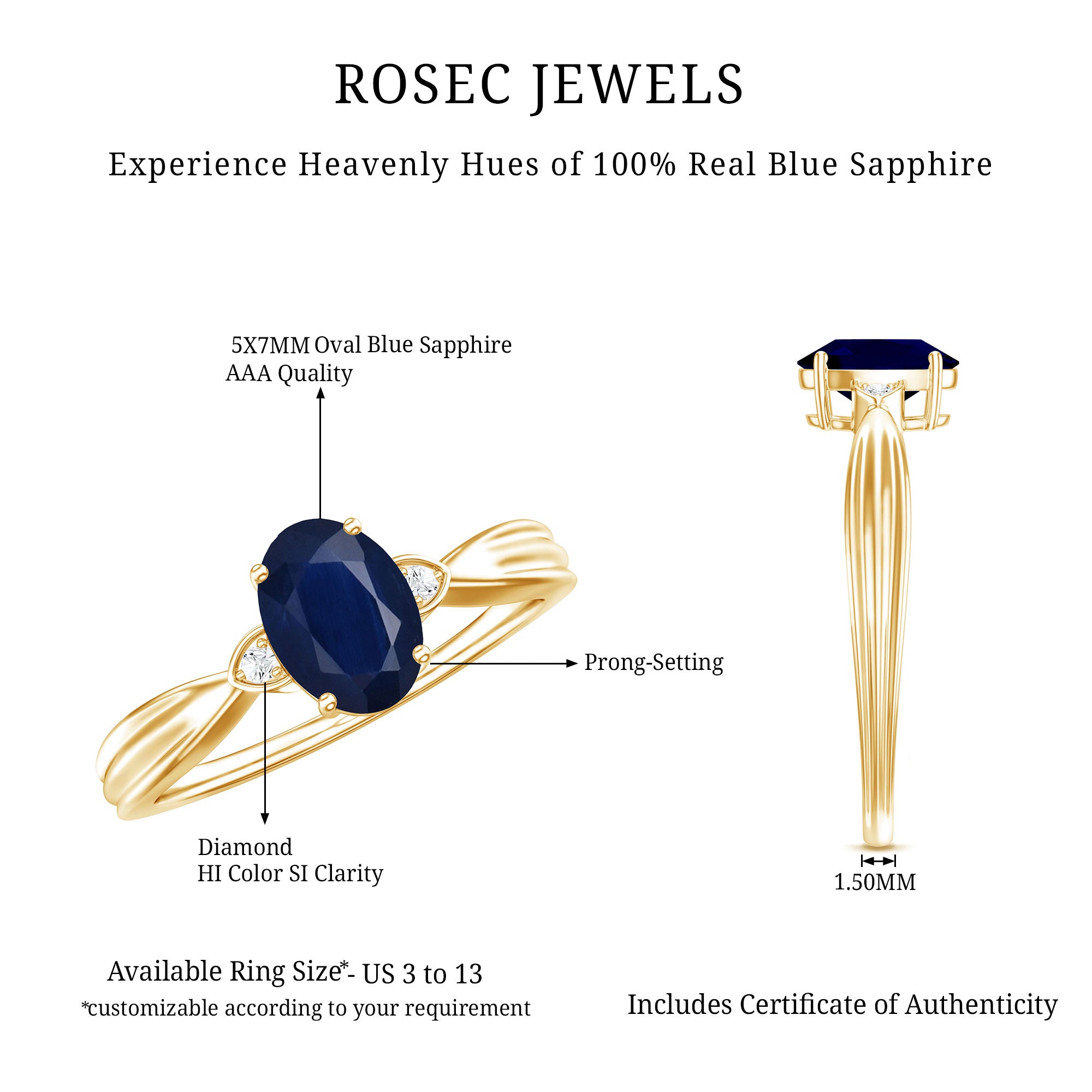 Oval Shape Real Blue Sapphire Solitaire Ring with Diamond AAA - Rosec Jewels