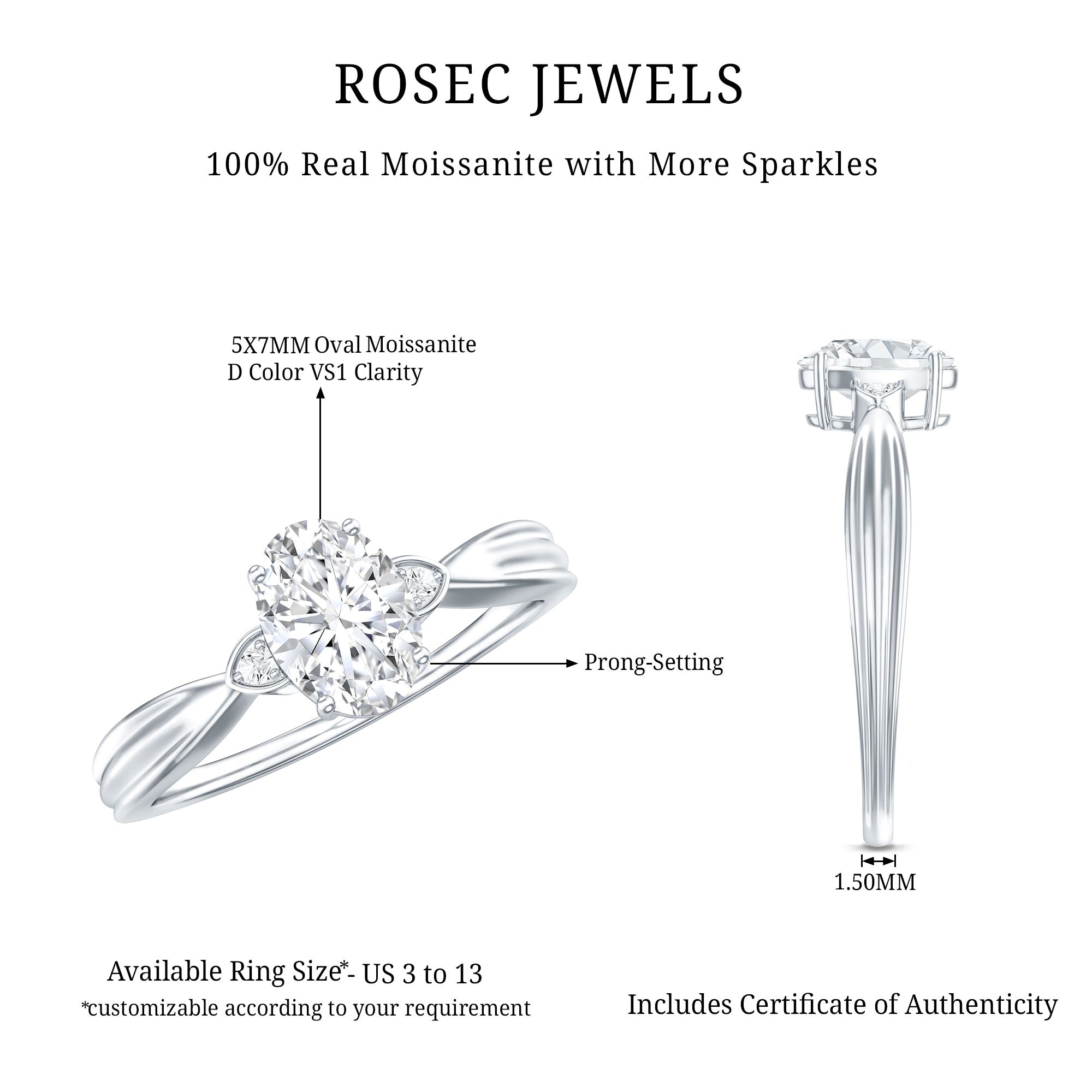 Oval Moissanite Solitaire Engagement Ring with Certificate D-VS1 - Rosec Jewels