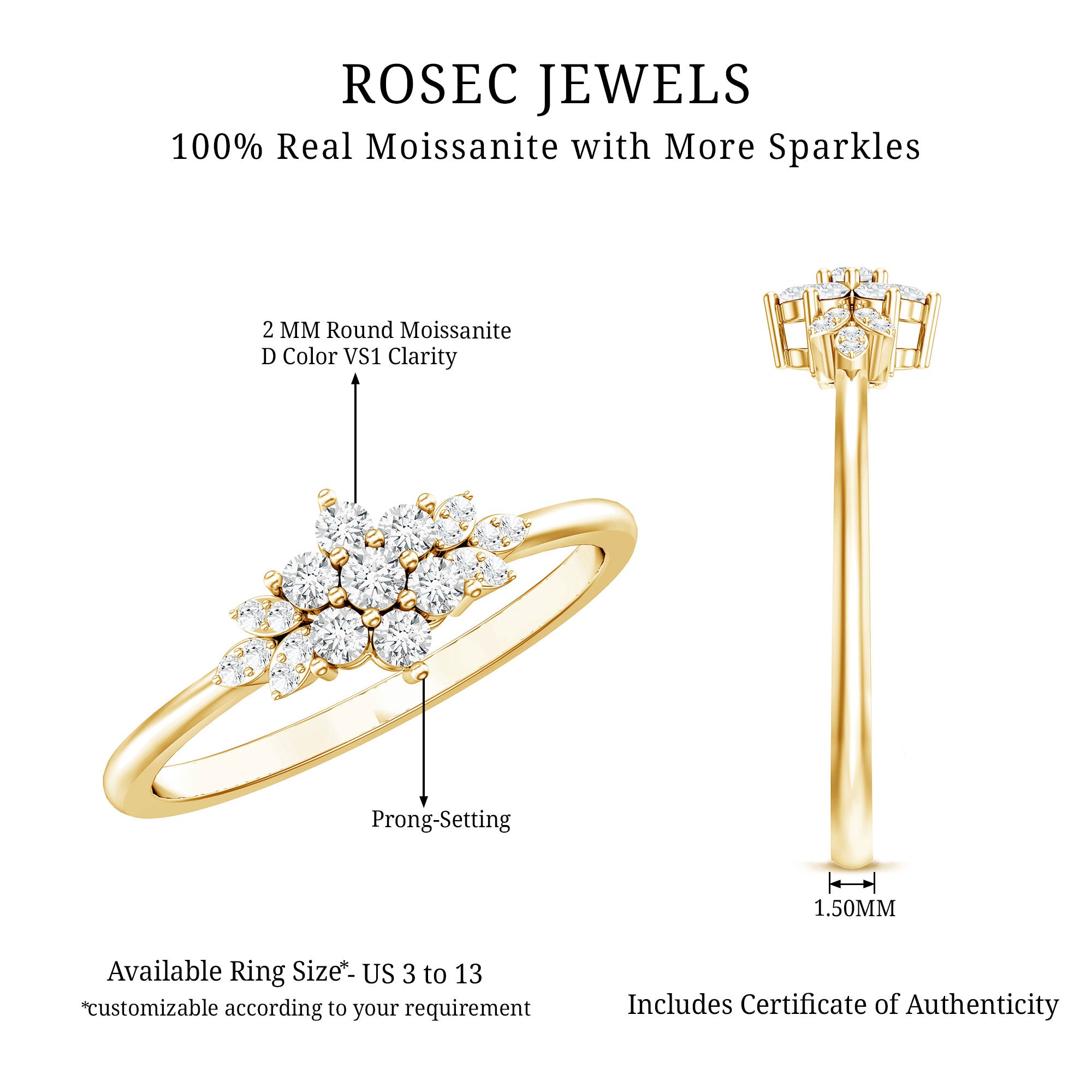 Certified Moissanite Flower Cluster Ring for Women D-VS1 - Rosec Jewels