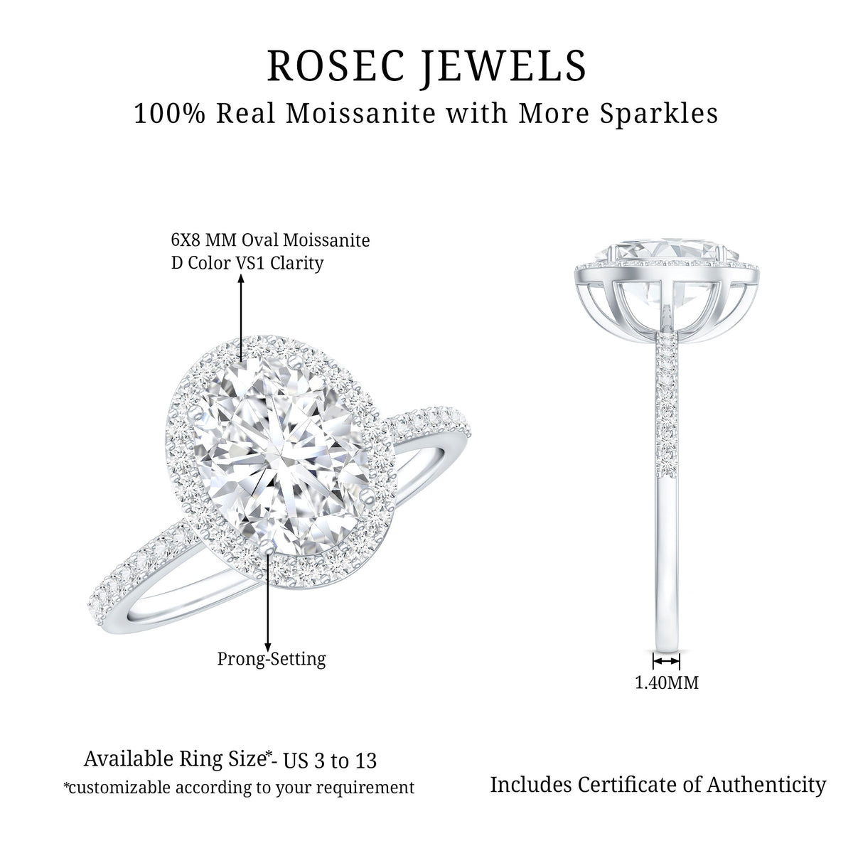 Oval Brilliant Cut Moissanite Classic Engagement Ring D-VS1 - Rosec Jewels