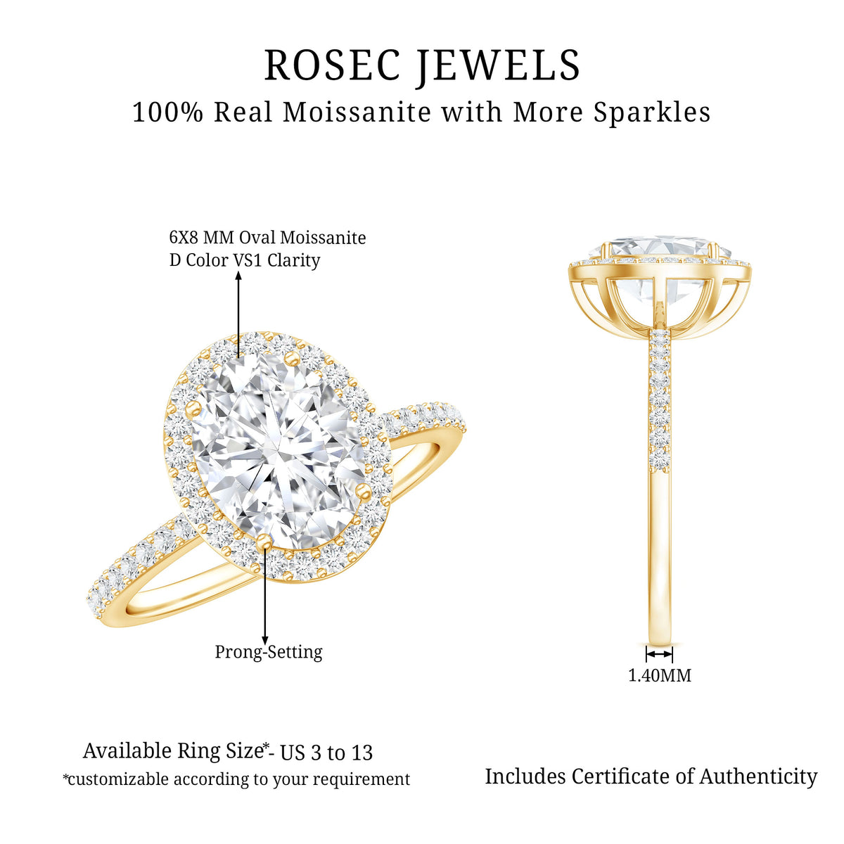 Oval Brilliant Cut Moissanite Classic Engagement Ring D-VS1 - Rosec Jewels