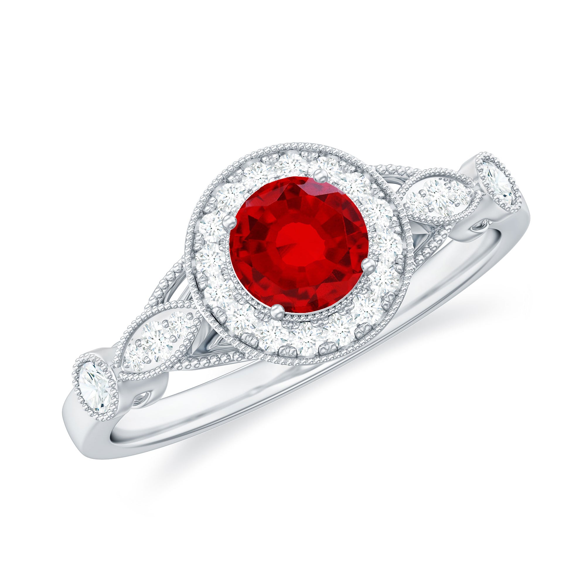 Antique Inspired Lab Created Ruby and Diamond Engagement Ring