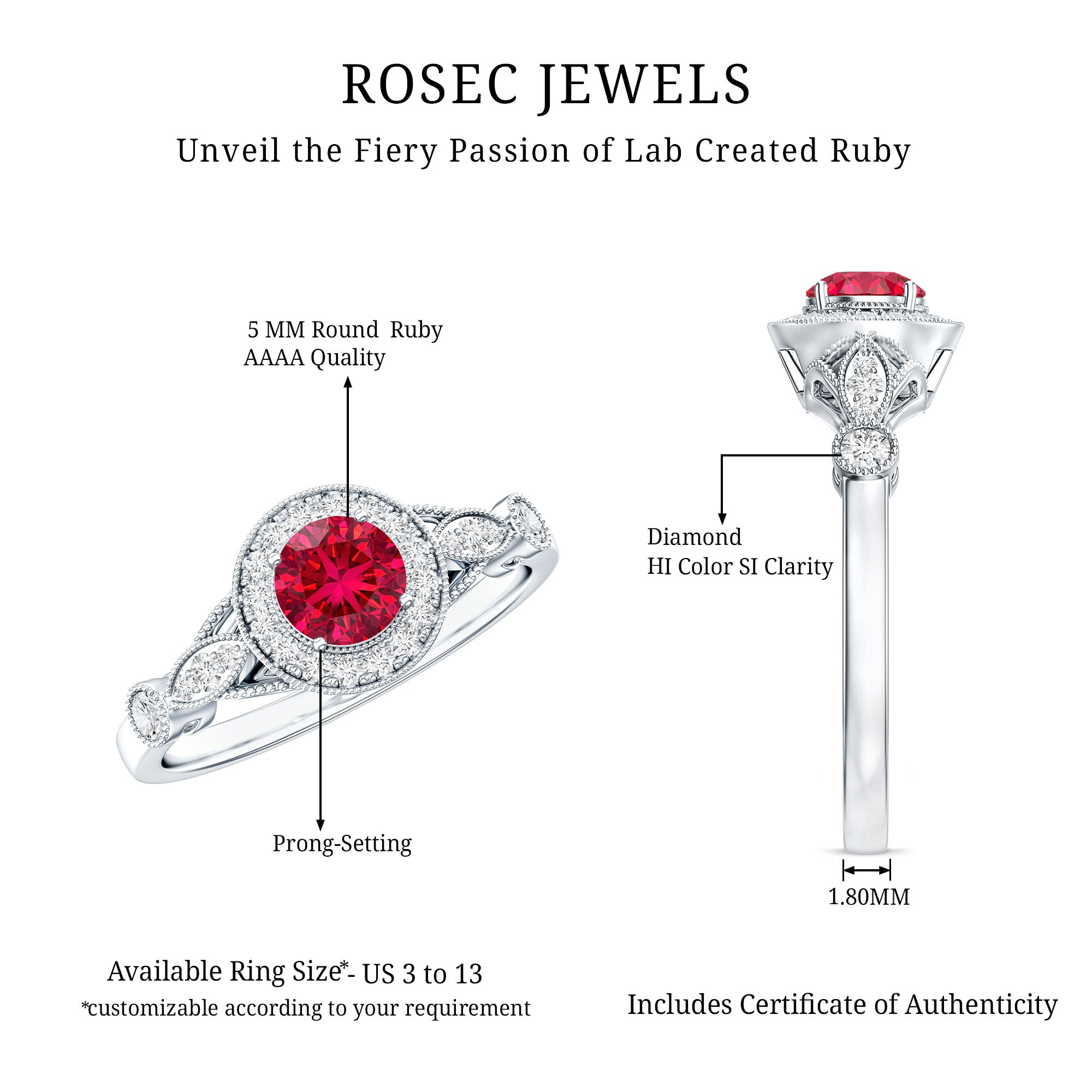Antique Inspired Lab Created Ruby and Diamond Engagement Ring AAAA - Rosec Jewels