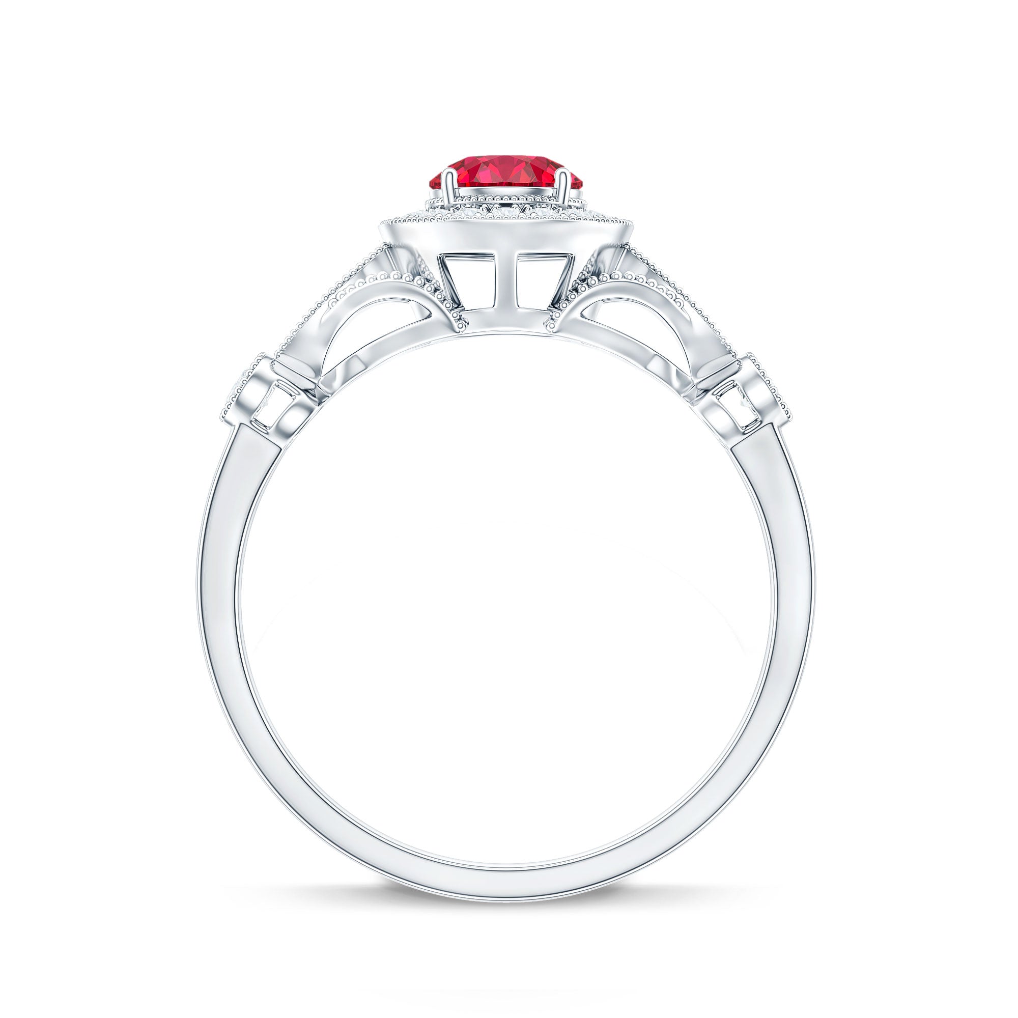 Antique Inspired Lab Created Ruby and Diamond Engagement Ring AAAA - Rosec Jewels