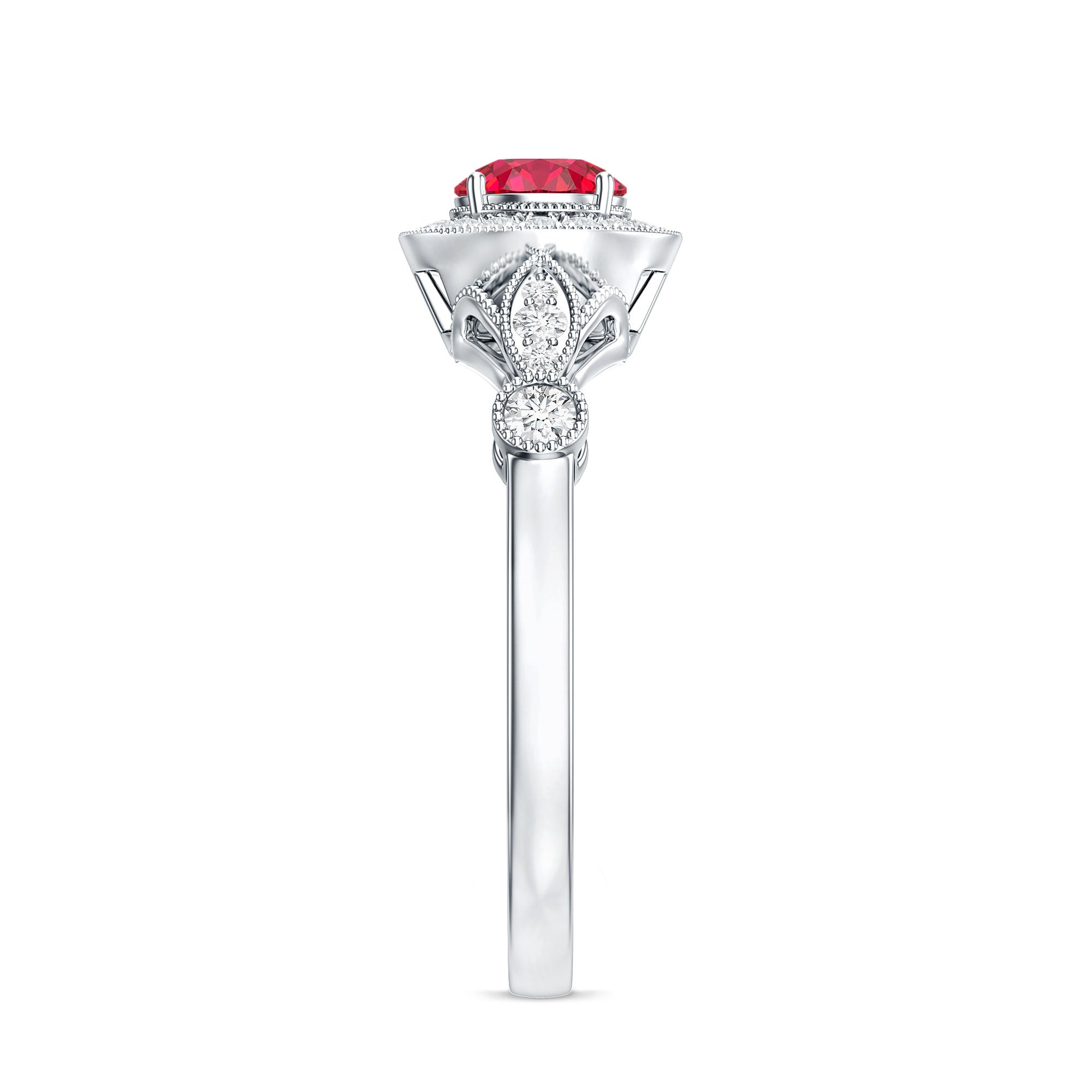 Antique Inspired Lab Created Ruby and Diamond Engagement Ring AAAA - Rosec Jewels