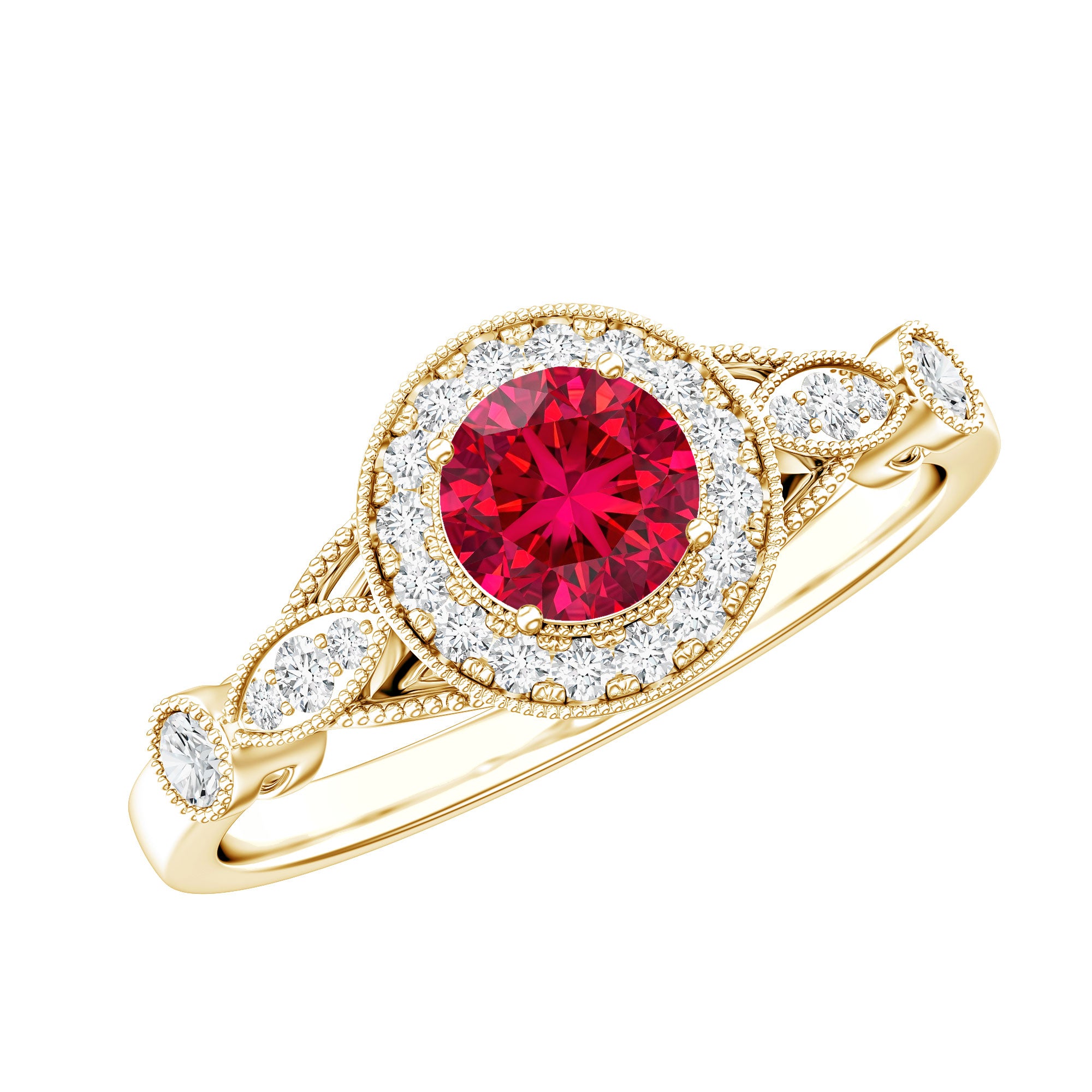 Antique Inspired Lab Created Ruby and Diamond Engagement Ring AAAA - Rosec Jewels