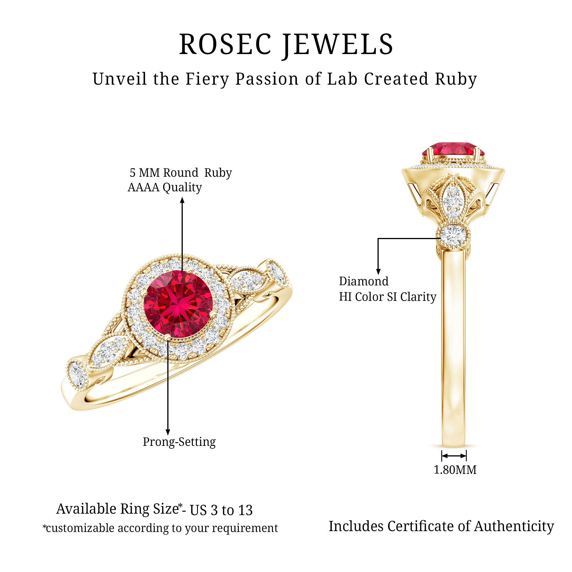 Antique Inspired Lab Created Ruby and Diamond Engagement Ring AAAA - Rosec Jewels