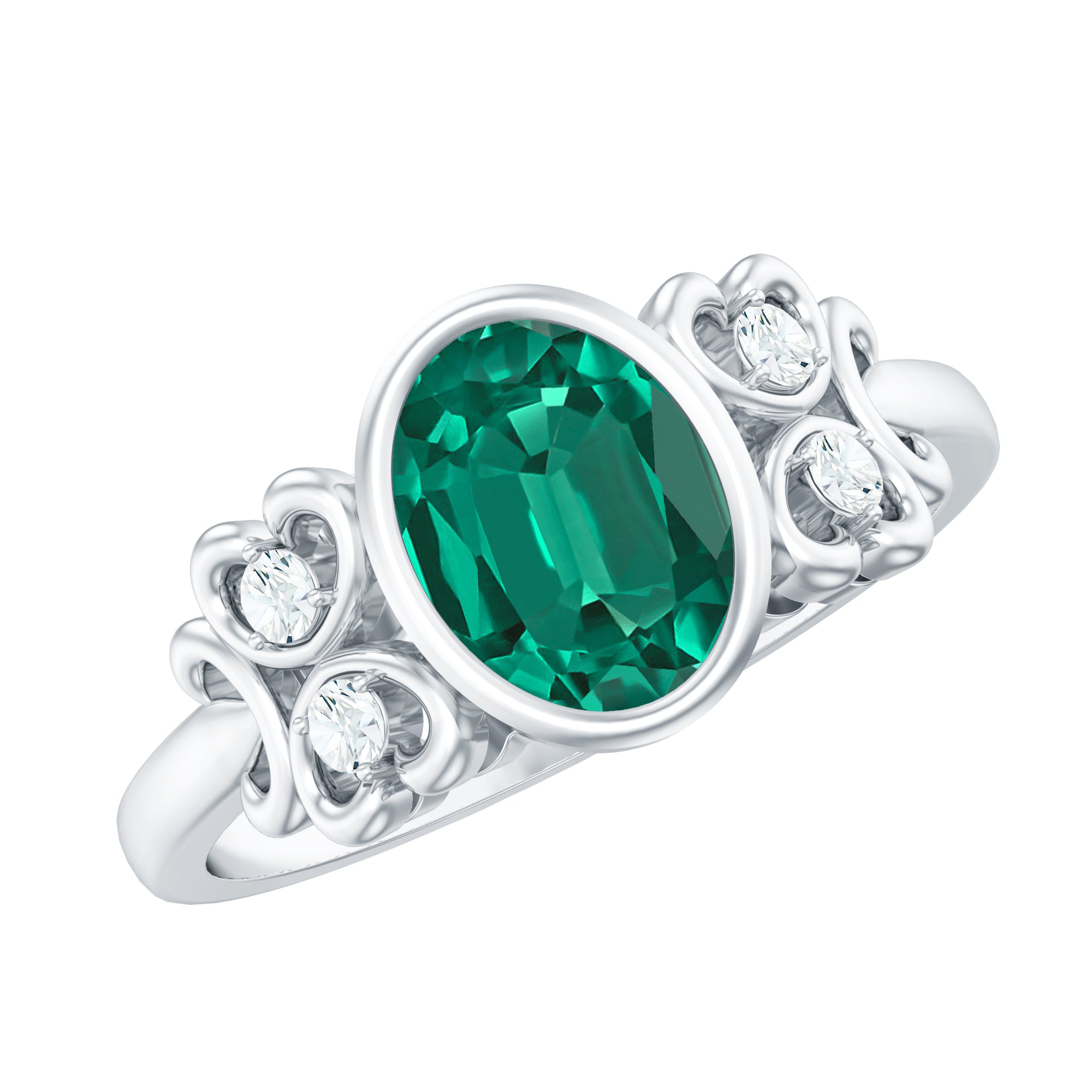 Certified Bezel Set Lab Grown Emerald Antique Looking Engagement Ring with Diamond