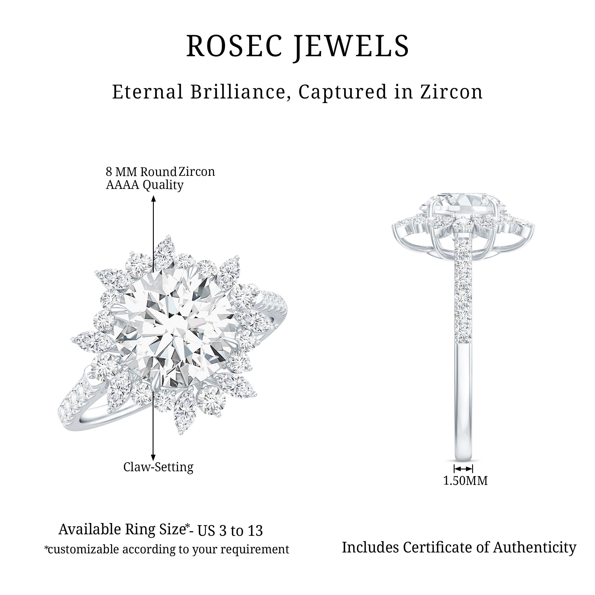 3 CT Round Zircon Floral Halo Statement Ring AAAA - Rosec Jewels