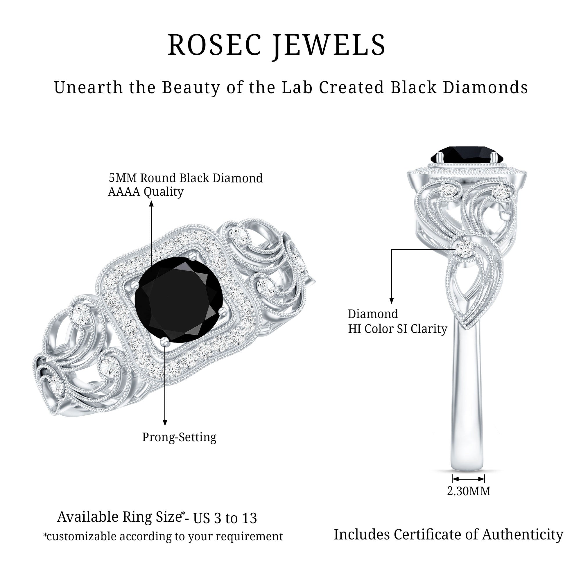 Vintage Style 0.84 Carat Lab Grown Black Diamond Engagement Ring with White Diamond AAAA ( Synthetic ) - Rosec Jewels