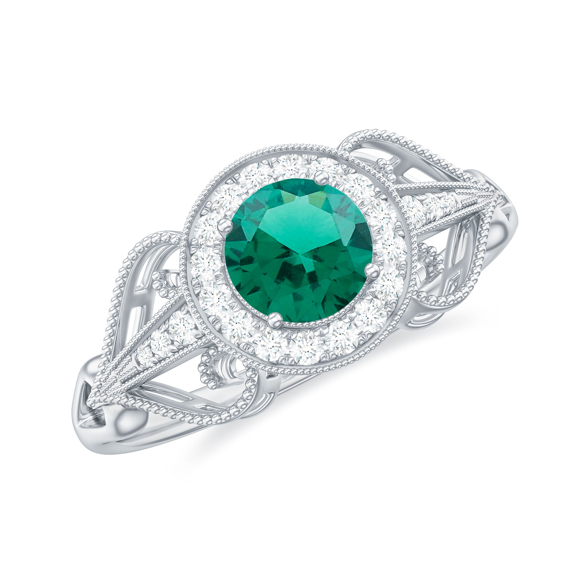 Certified Lab Grown Emerald Vintage Looking Engagement Ring with Diamond
