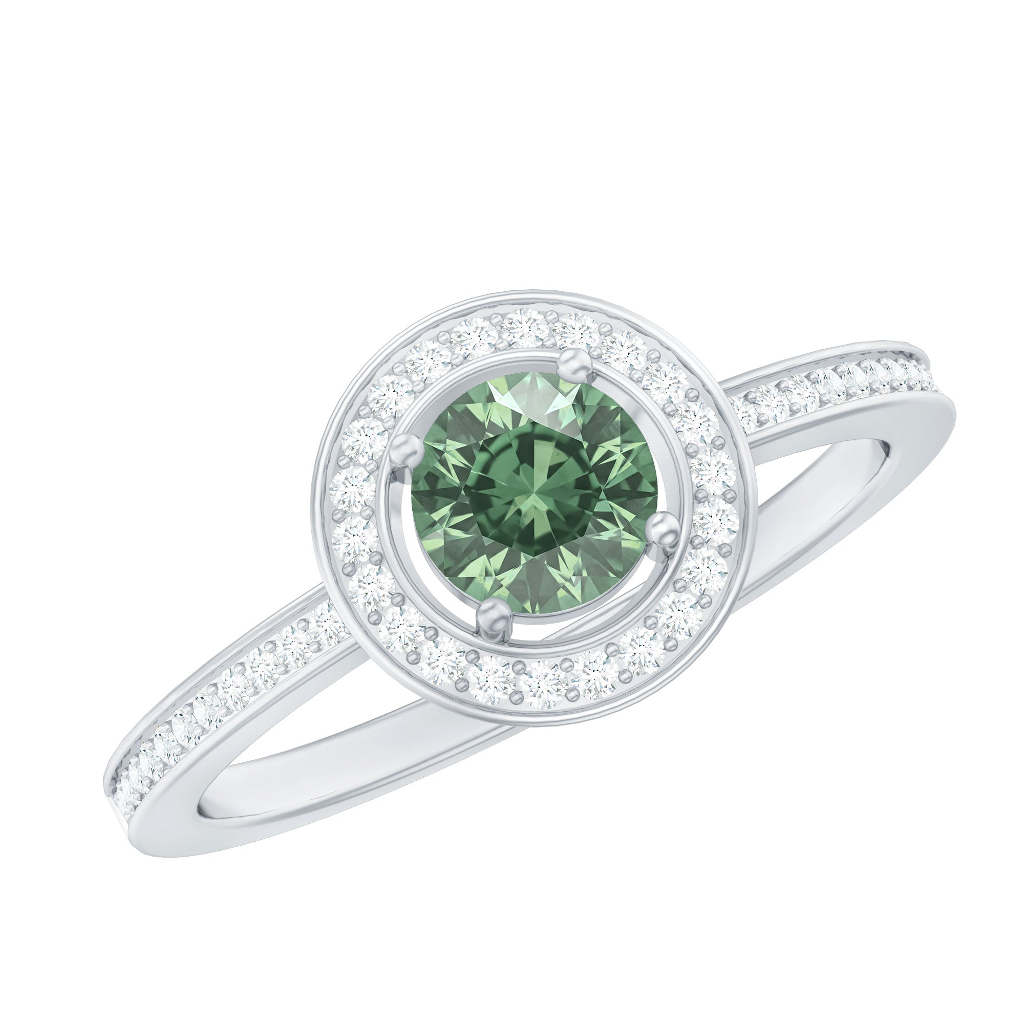 Round Green Sapphire and Diamond Floating Halo Engagement Ring