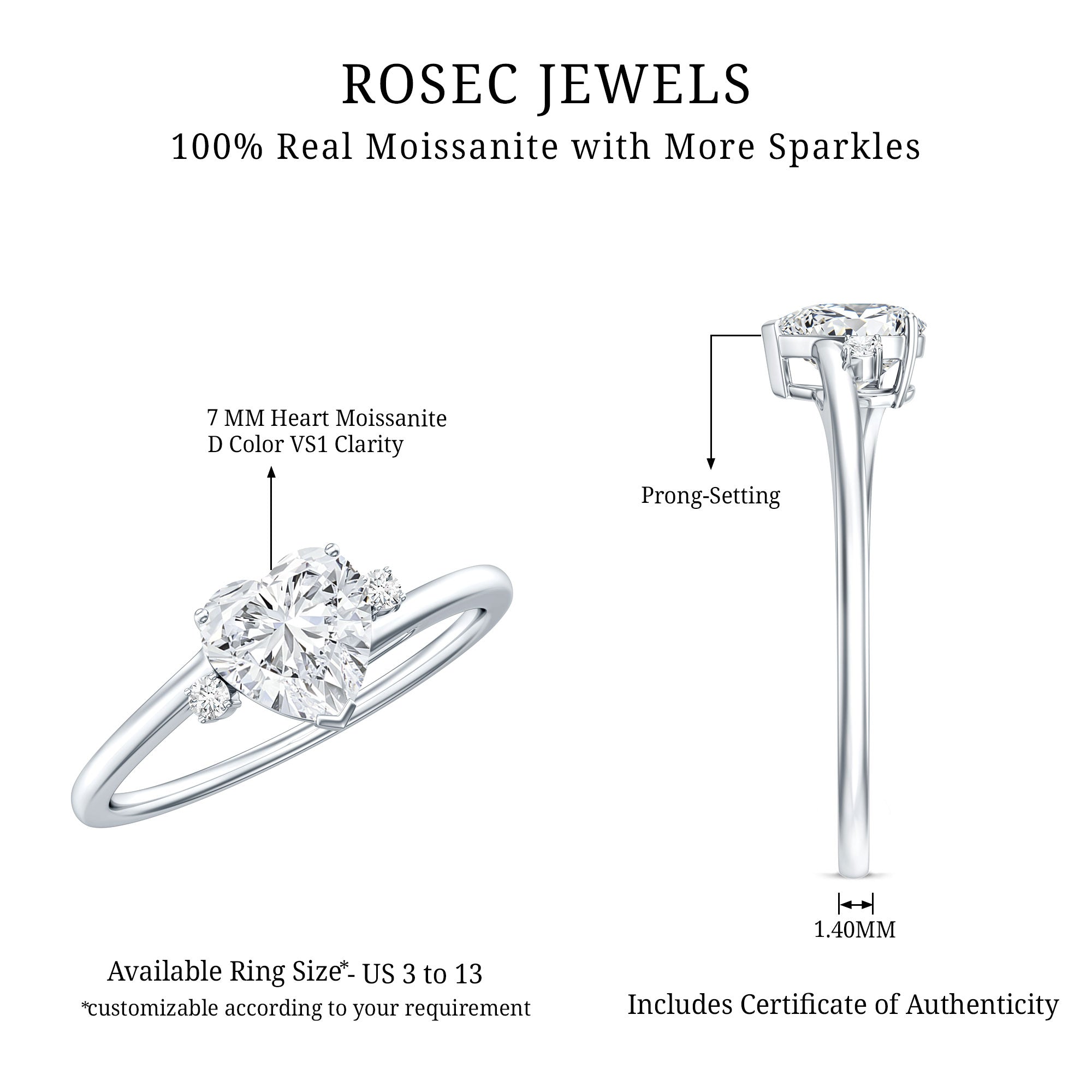1 CT Solitaire Moissanite Heart Promise Ring D-VS1 - Rosec Jewels