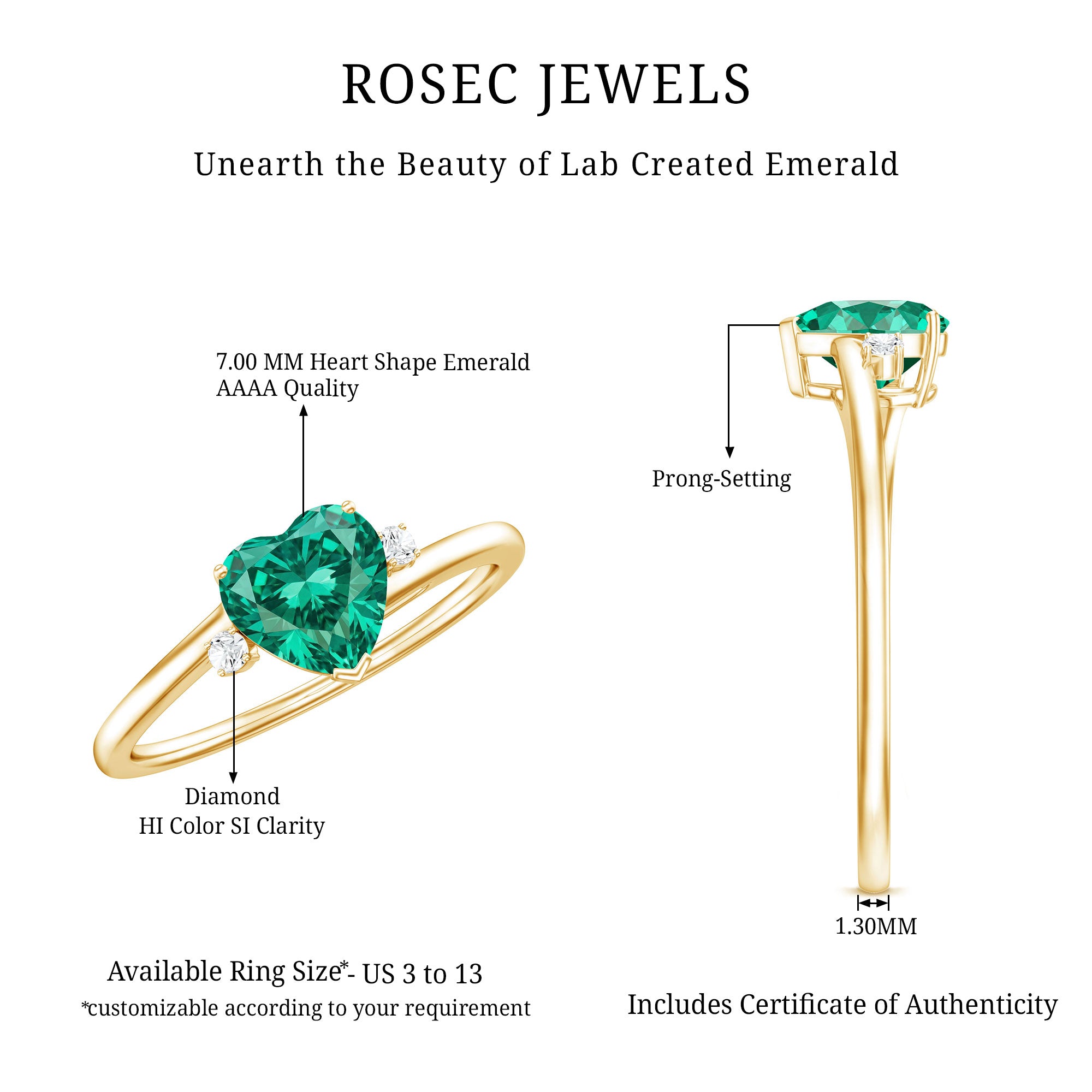 Certified Lab Grown Emerald Heart Shaped Promise Engagement Ring with Diamond AAAA - Rosec Jewels