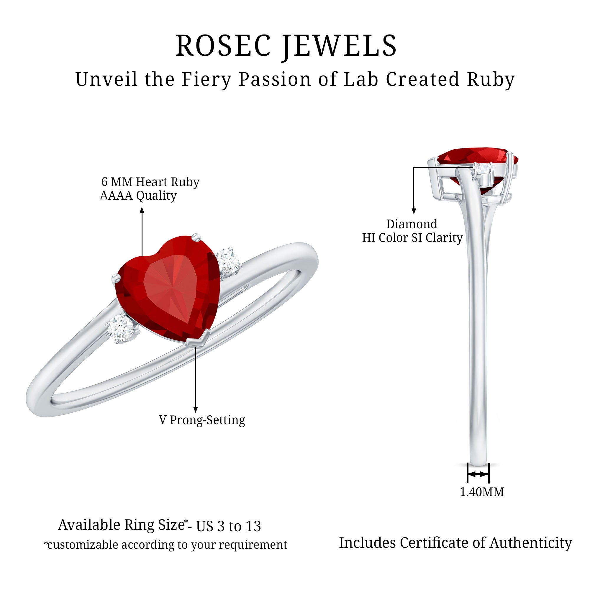 Rosec Jewels-Heart Shape Lab Grown Ruby Solitaire Promise Ring with Diamond