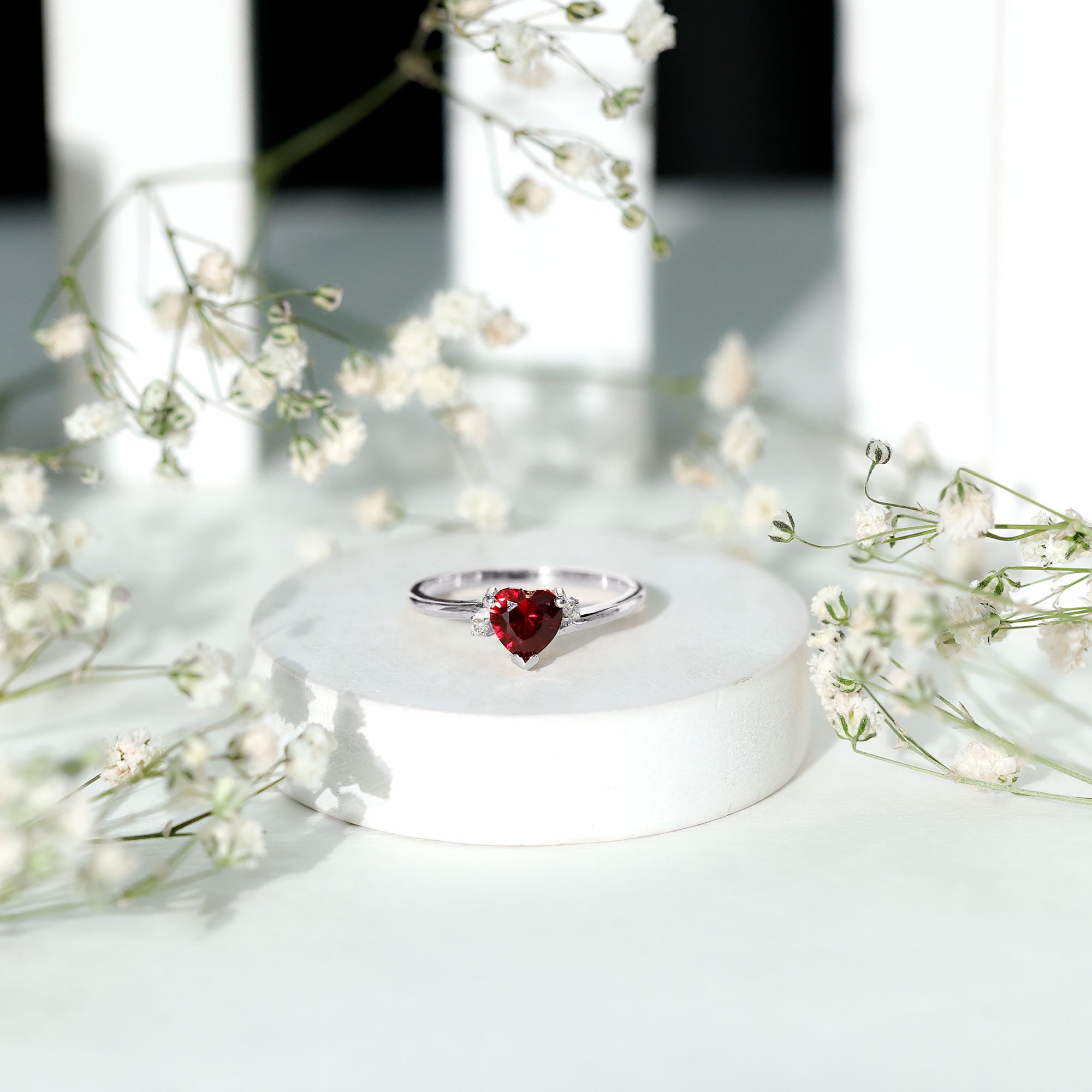 Rosec Jewels-Heart Shape Lab Grown Ruby Solitaire Promise Ring with Diamond