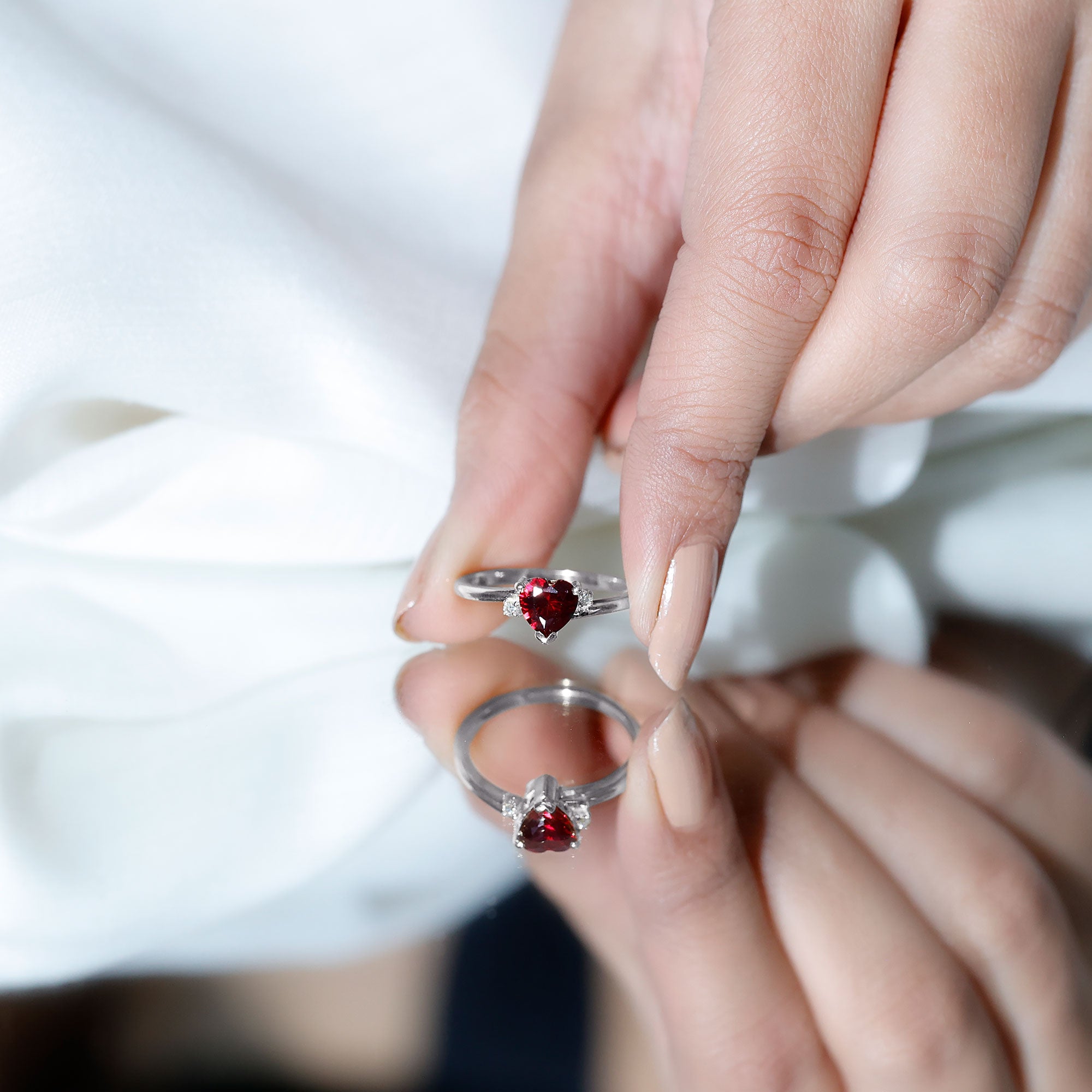 Rosec Jewels-Heart Shape Lab Grown Ruby Solitaire Promise Ring with Diamond