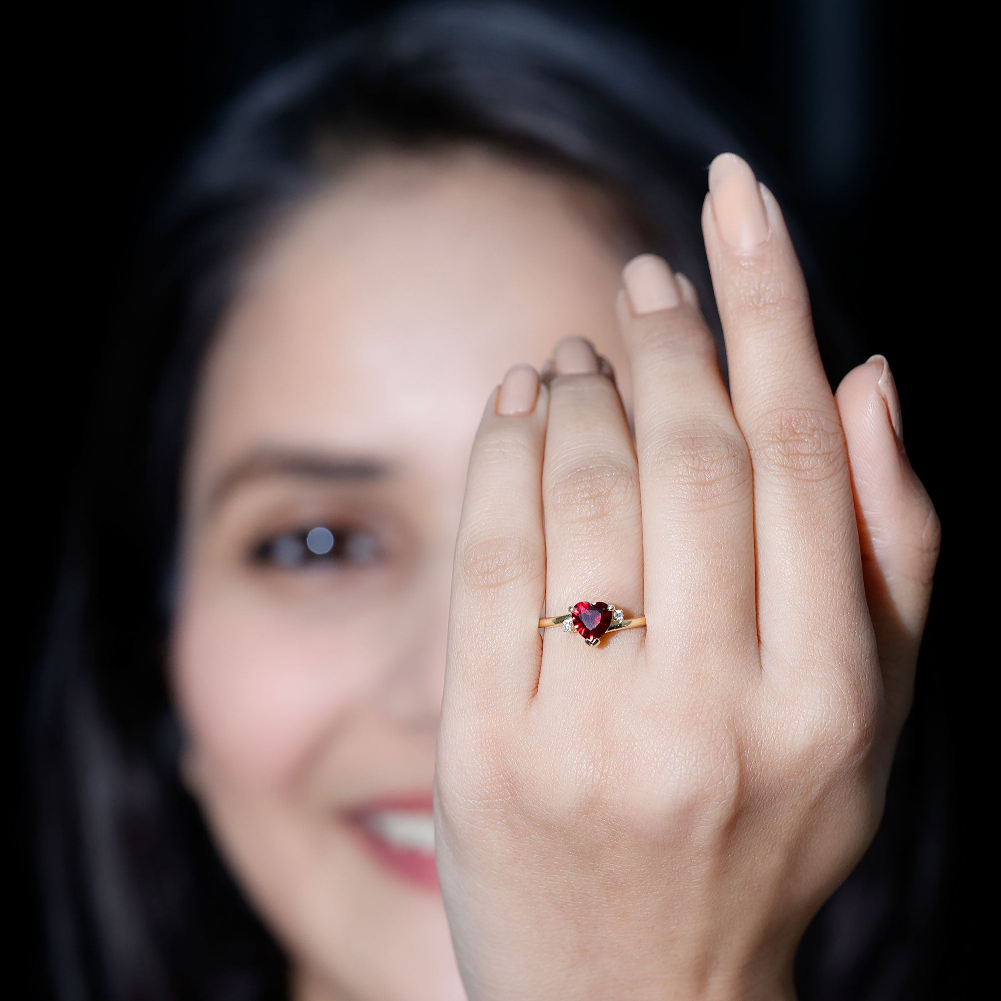Rosec Jewels-Heart Shape Lab Grown Ruby Solitaire Promise Ring with Diamond