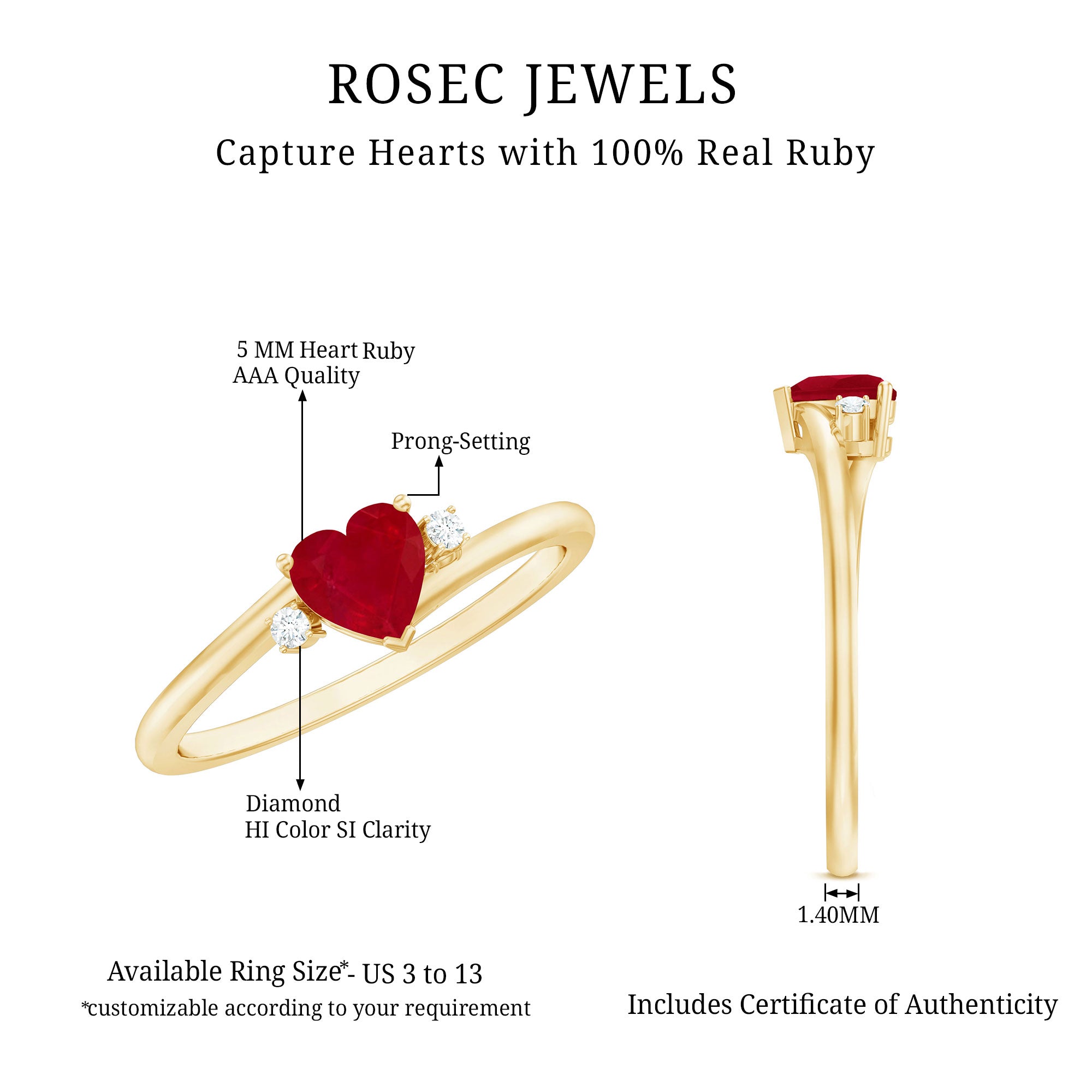 Real 0.6 Carat Ruby Diamond Heart Promise Ring with Bypass Shank AAA - Rosec Jewels