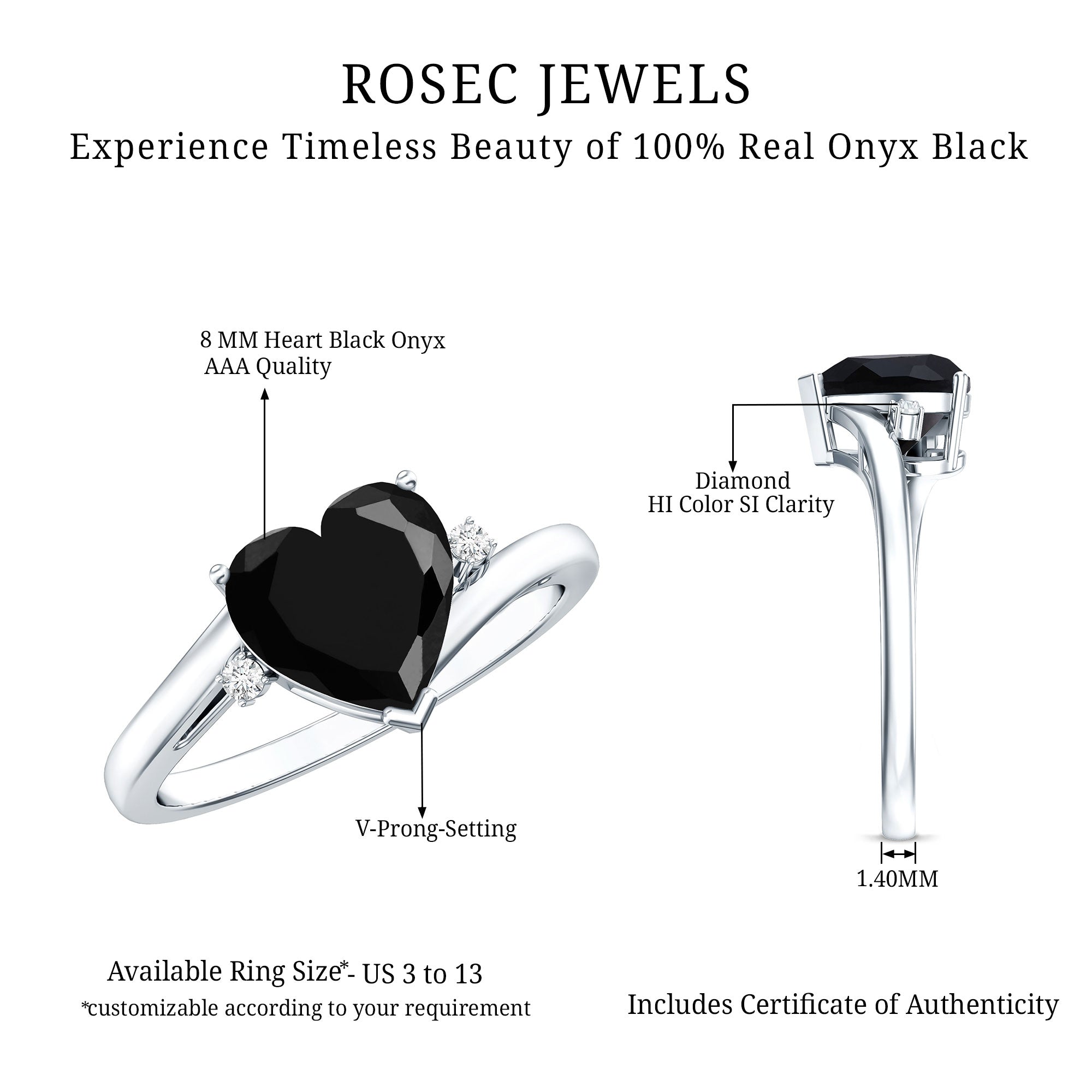Rosec Jewels-Heart Shaped Black Onyx Engagement Ring with Diamonds