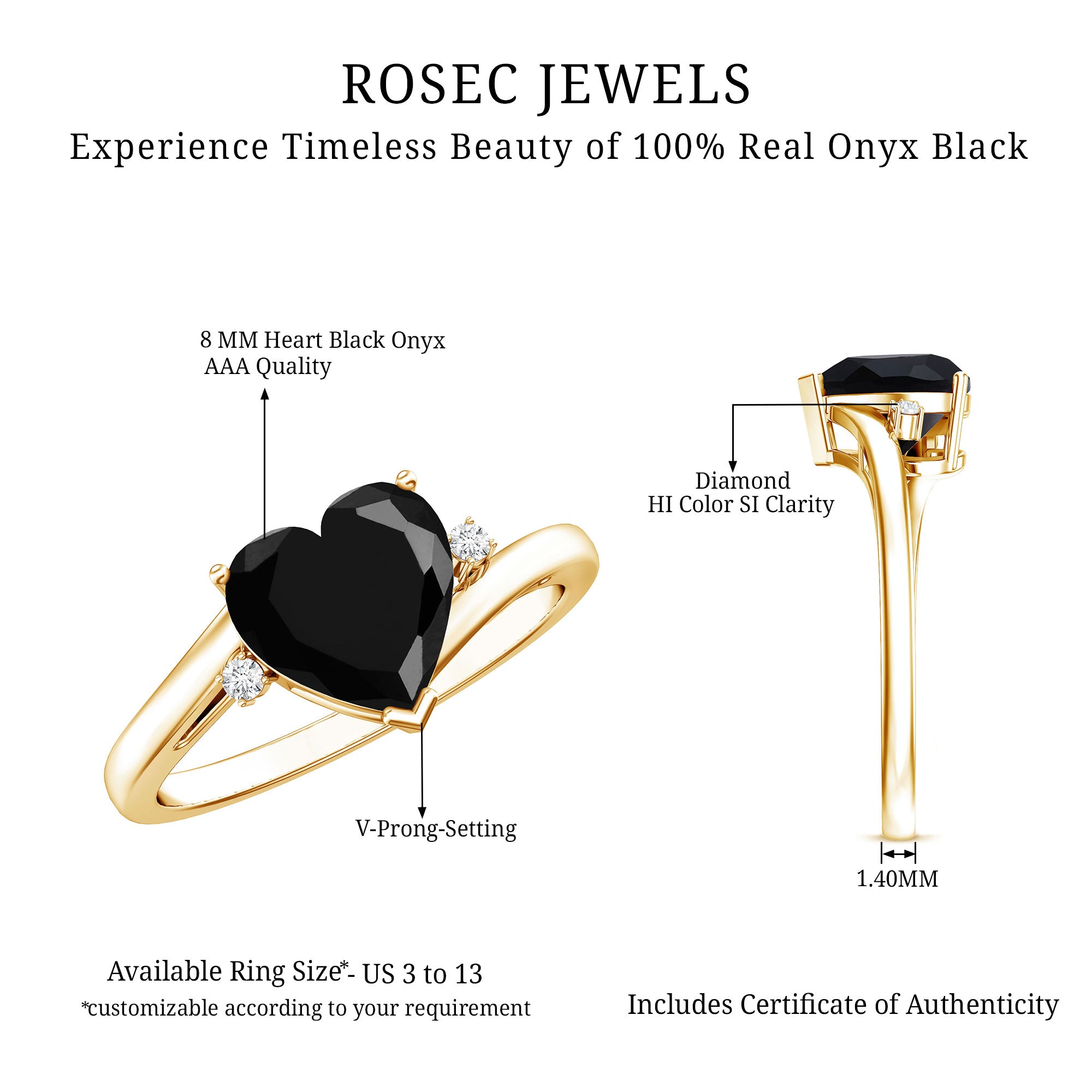 Rosec Jewels-Heart Shaped Black Onyx Engagement Ring with Diamonds
