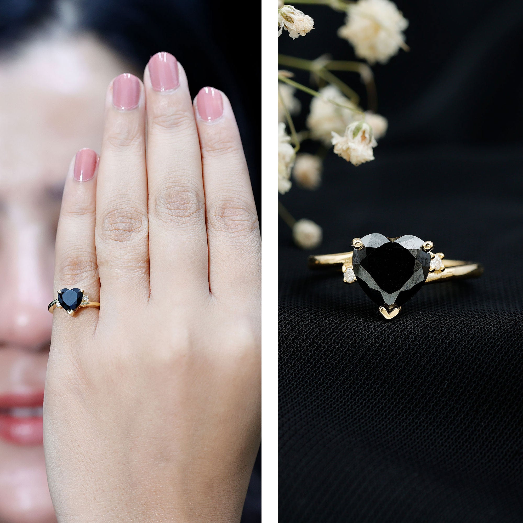 2 Carat Heart Shape Black Spinel Solitaire Engagement Ring AAA - Rosec Jewels