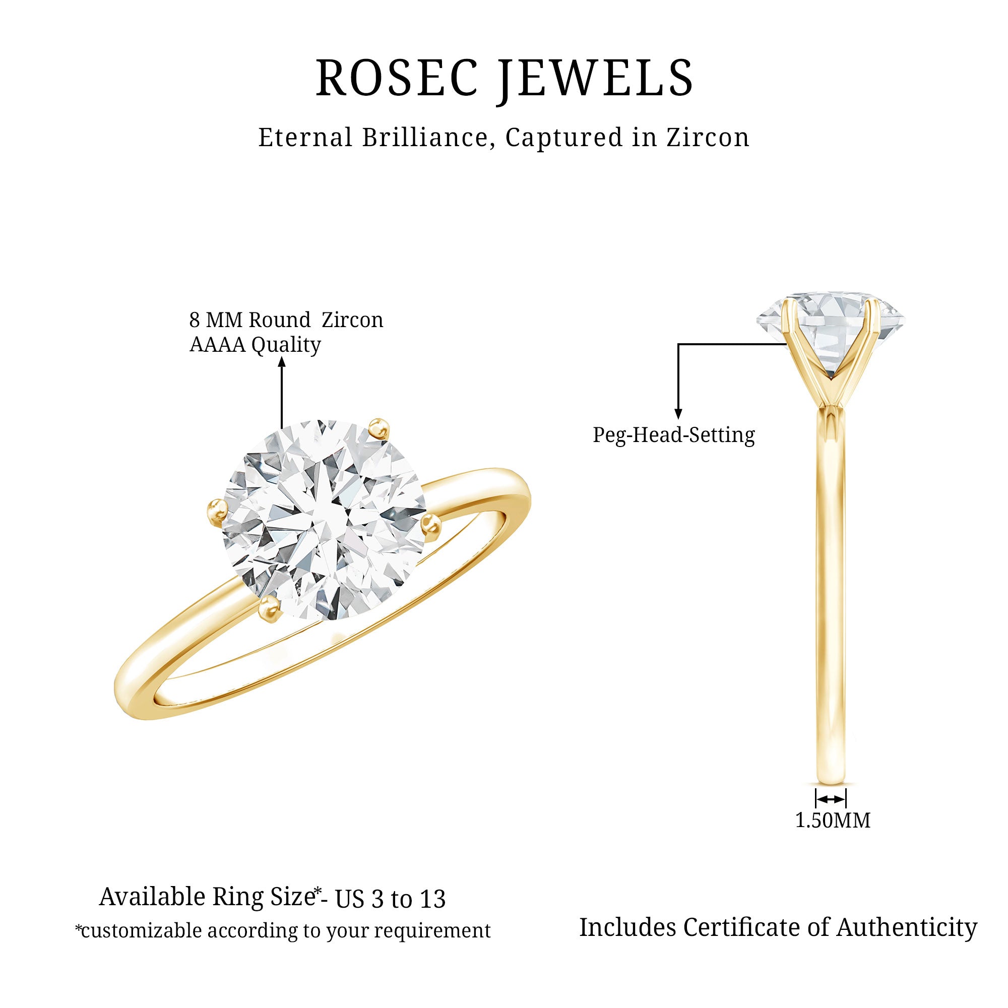 2 CT Simple Round Zircon Solitaire Ring in Peg Head Setting AAAA - Rosec Jewels