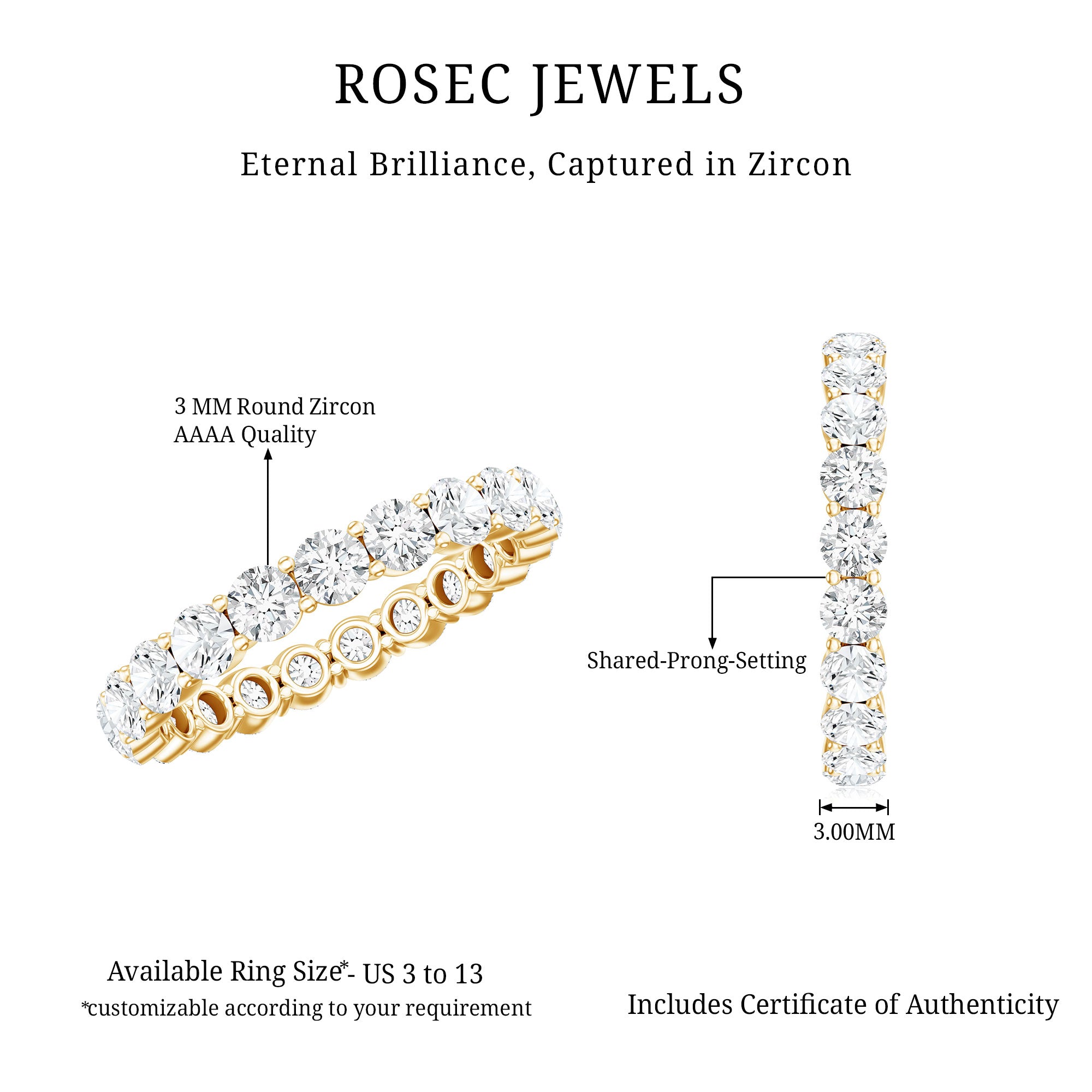 Round Cubic Zirconia Full Eternity Band Ring AAAA - Rosec Jewels