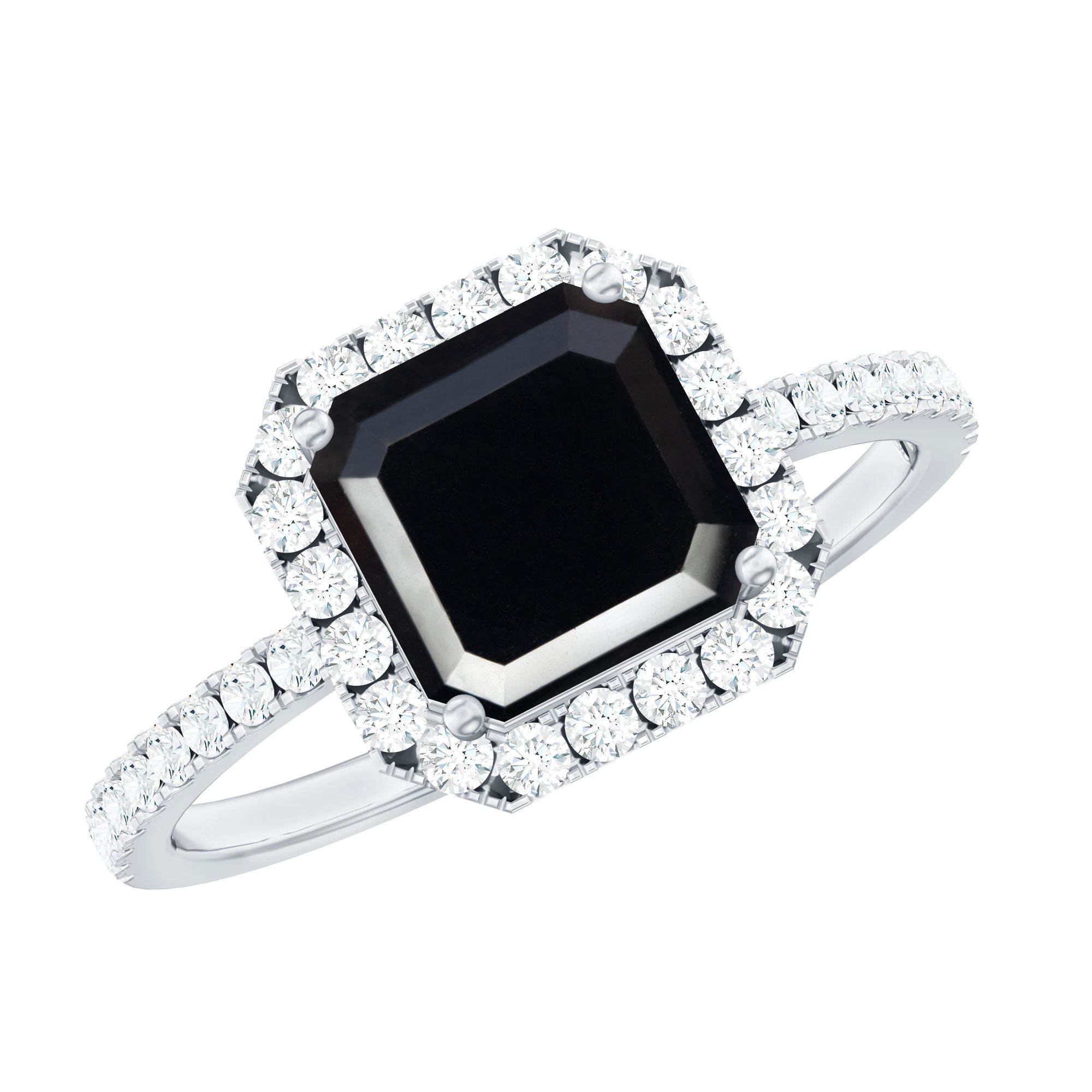 Certified Asscher Cut Black Onyx and Diamond Engagement Ring