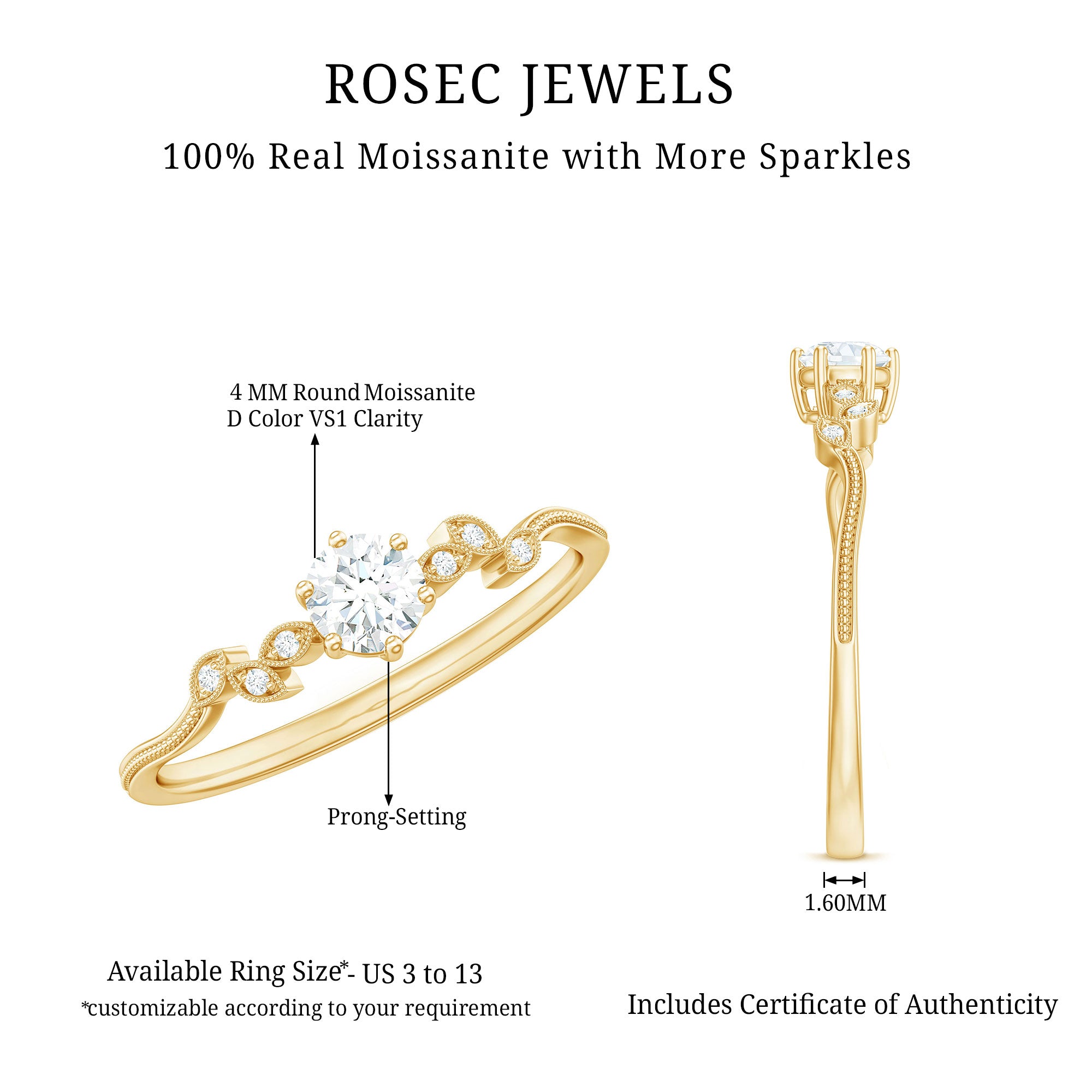 Rosec Jewels-Minimalist Moissanite Leaf Promise Ring with Beaded Detail