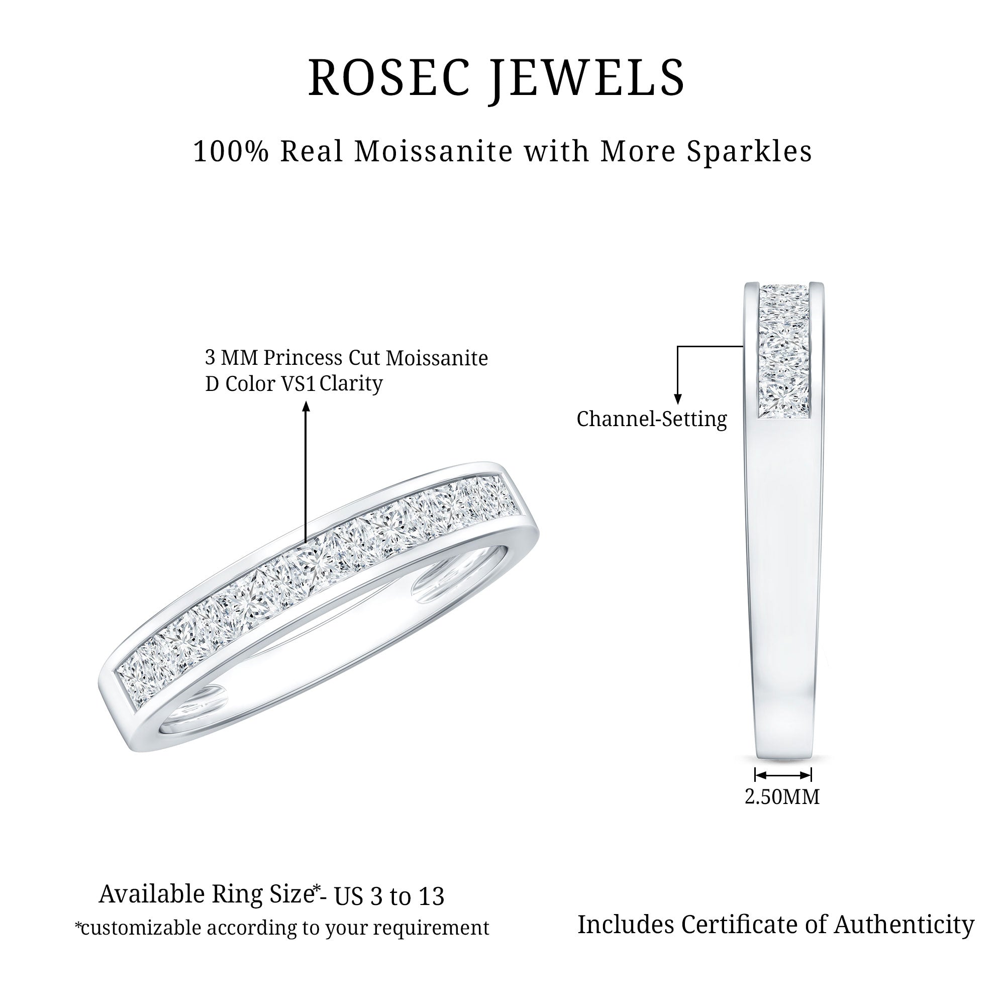 Princess Cut Moissanite Half Eternity Band in Channel Setting D-VS1 - Rosec Jewels