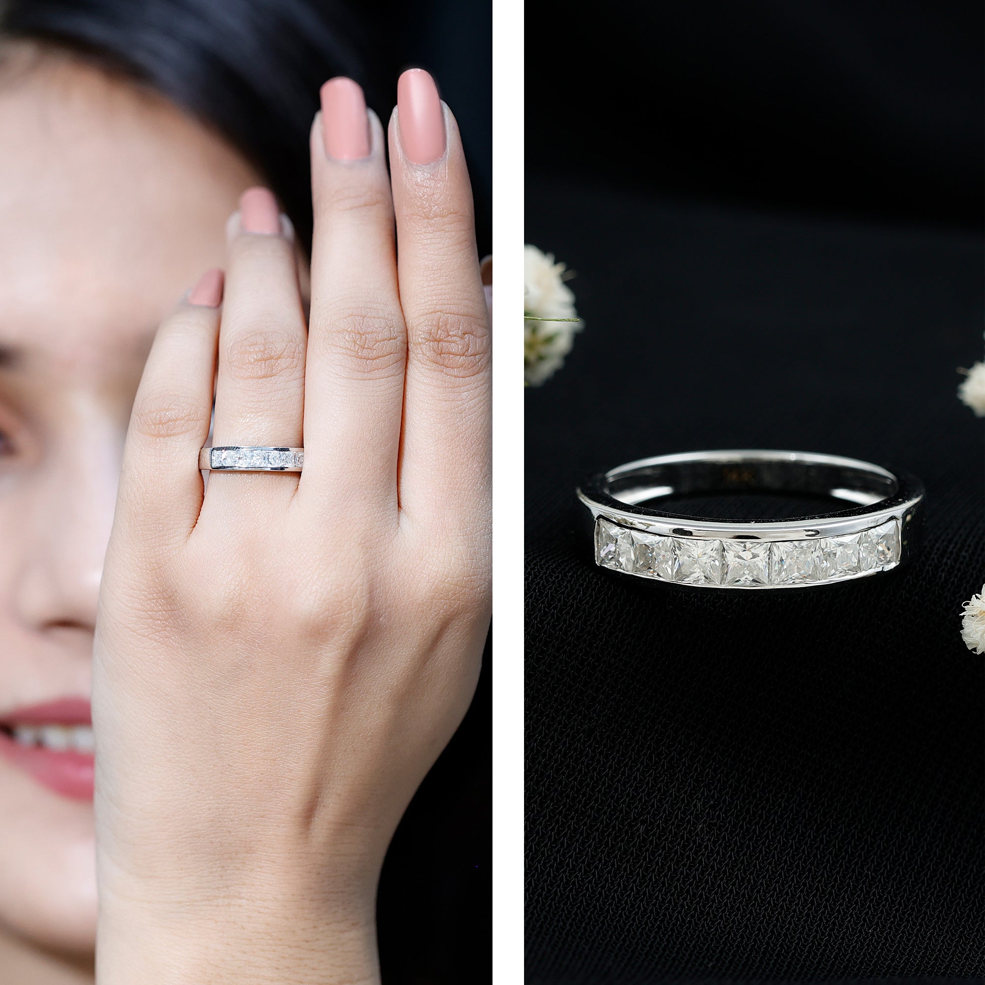 Princess Cut Moissanite Half Eternity Band in Channel Setting D-VS1 - Rosec Jewels