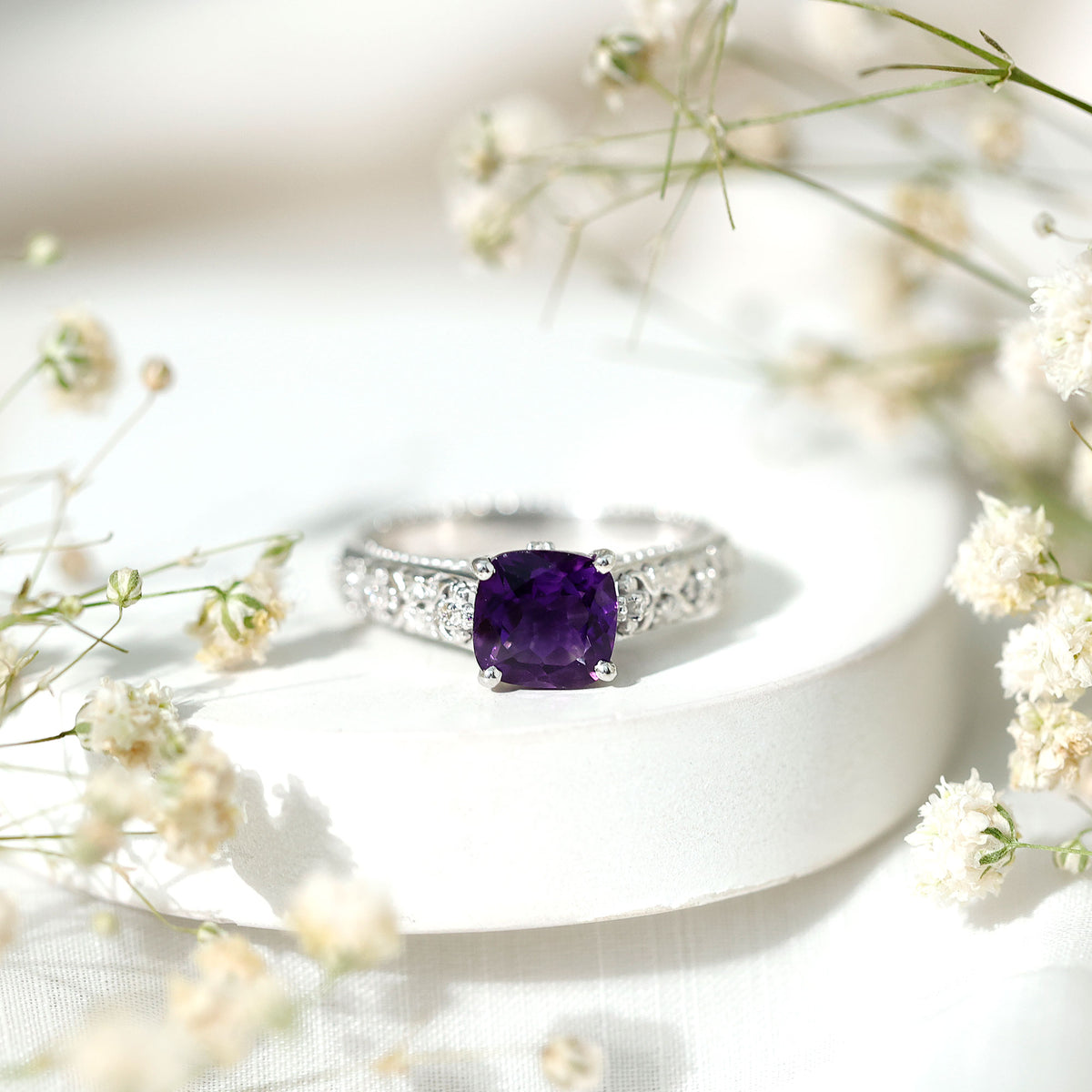 Vintage Inspired 2 Carat Amethyst Cushion Cut Engagement Ring with Diamond AAA - Rosec Jewels