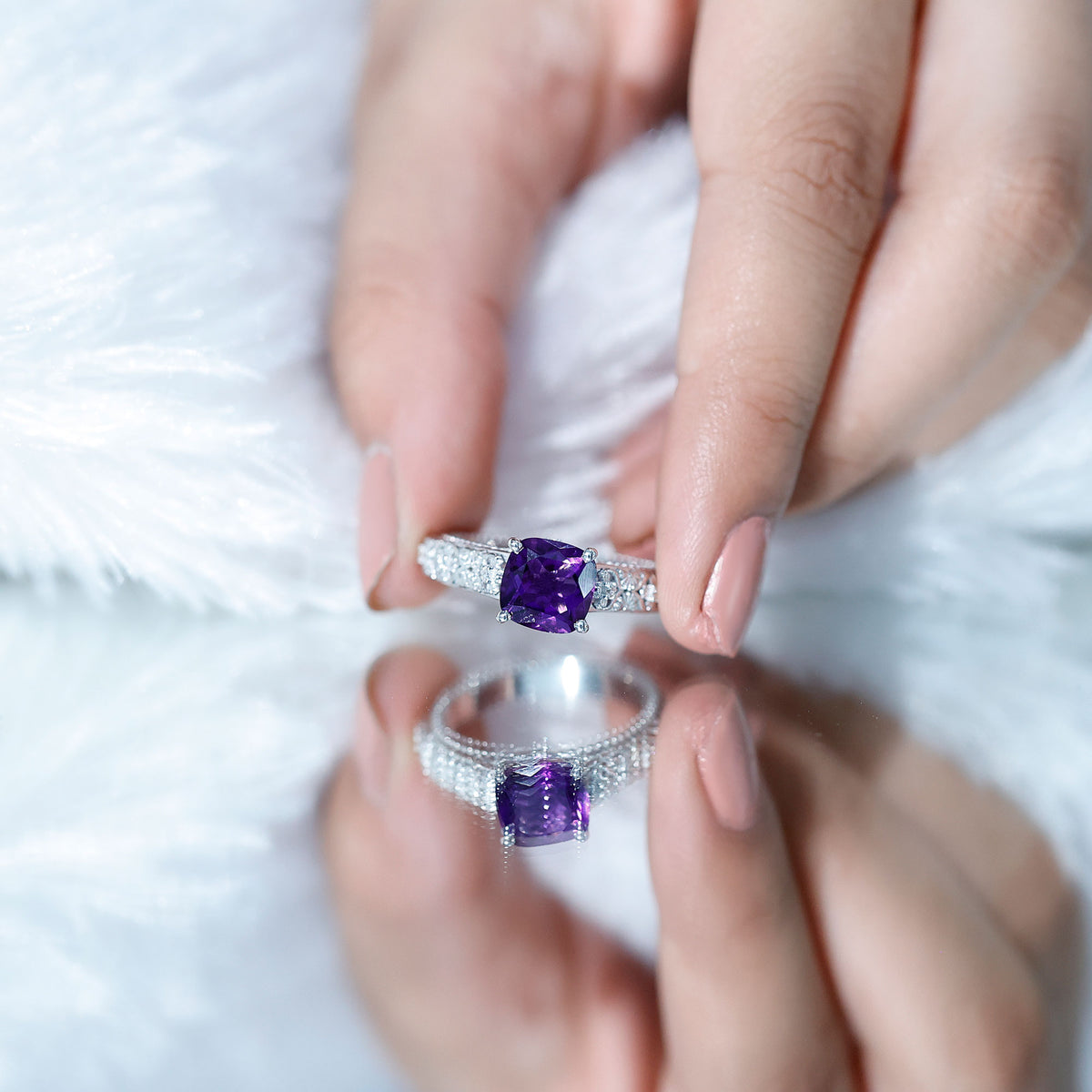Vintage Inspired 2 Carat Amethyst Cushion Cut Engagement Ring with Diamond AAA - Rosec Jewels
