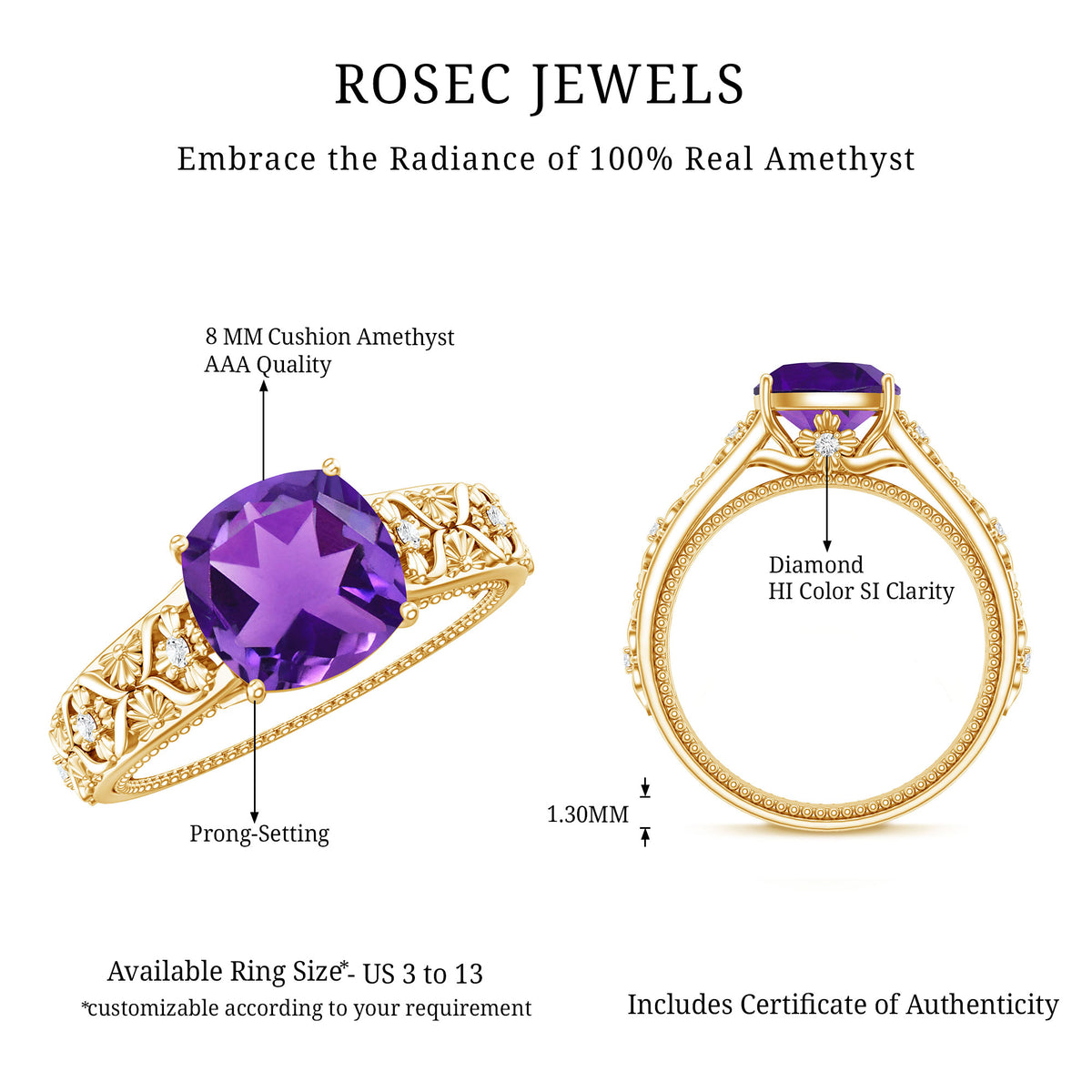 Vintage Inspired 2 Carat Amethyst Cushion Cut Engagement Ring with Diamond AAA - Rosec Jewels