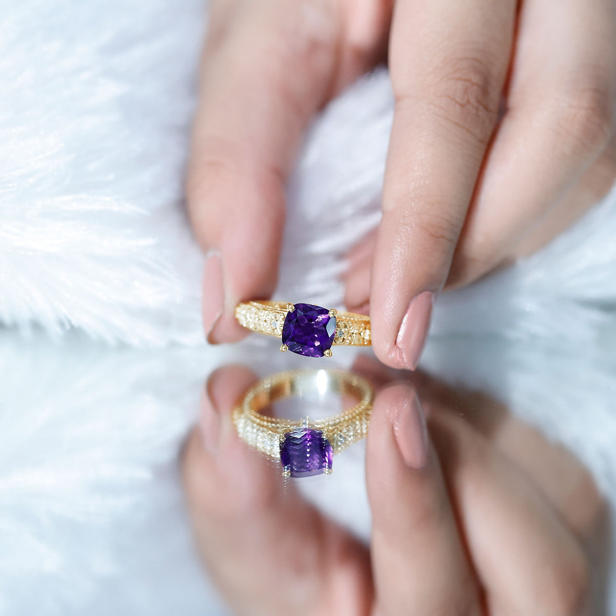 Vintage Inspired 2 Carat Amethyst Cushion Cut Engagement Ring with Diamond AAA - Rosec Jewels