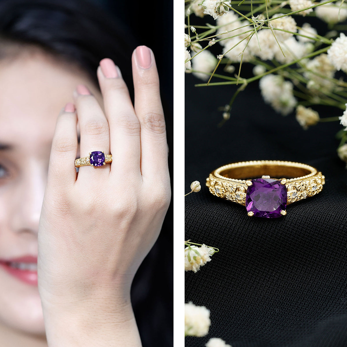 Vintage Inspired 2 Carat Amethyst Cushion Cut Engagement Ring with Diamond AAA - Rosec Jewels