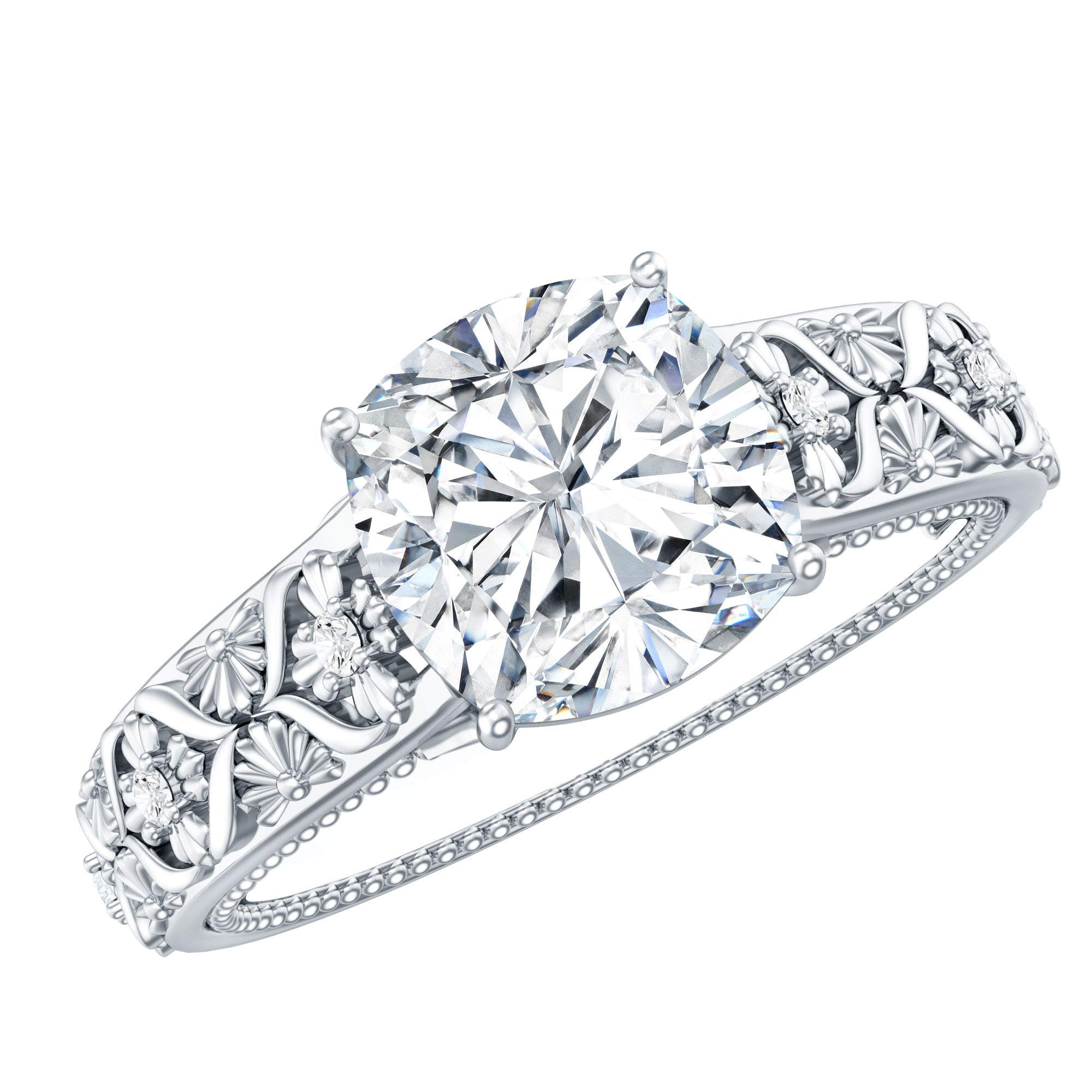 Cushion Cut Solitaire Zircon Gold Floral Engagement Ring AAAA - Rosec Jewels