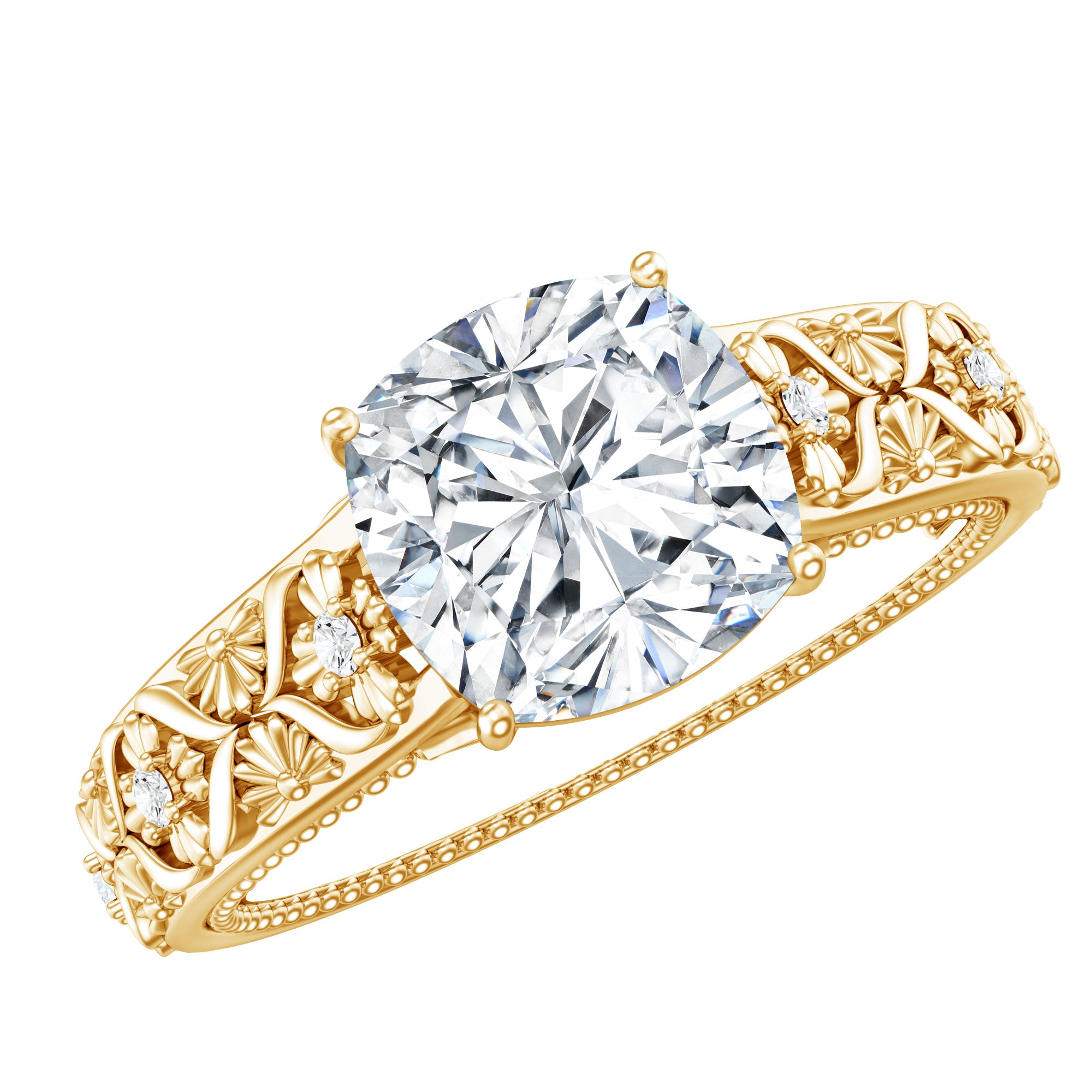 Cushion Cut Solitaire Zircon Gold Floral Engagement Ring AAAA - Rosec Jewels