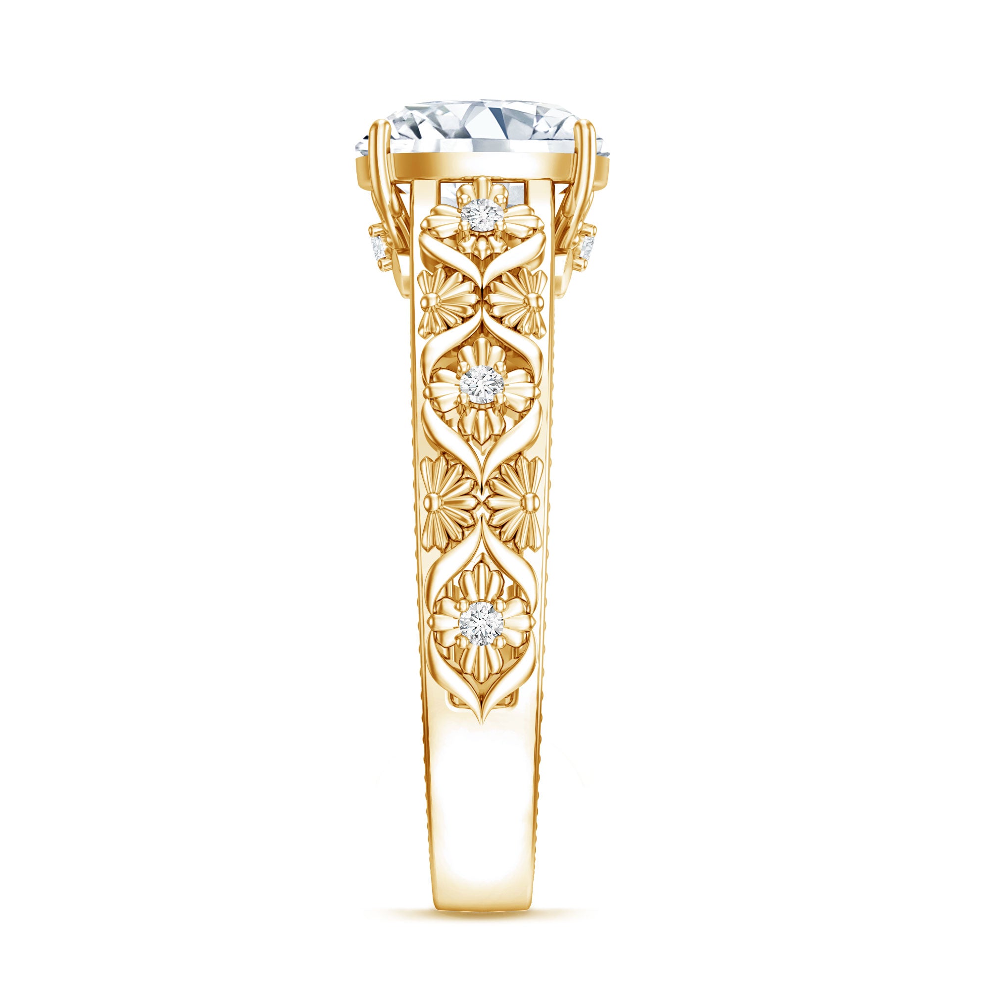 Cushion Cut Solitaire Zircon Gold Floral Engagement Ring AAAA - Rosec Jewels